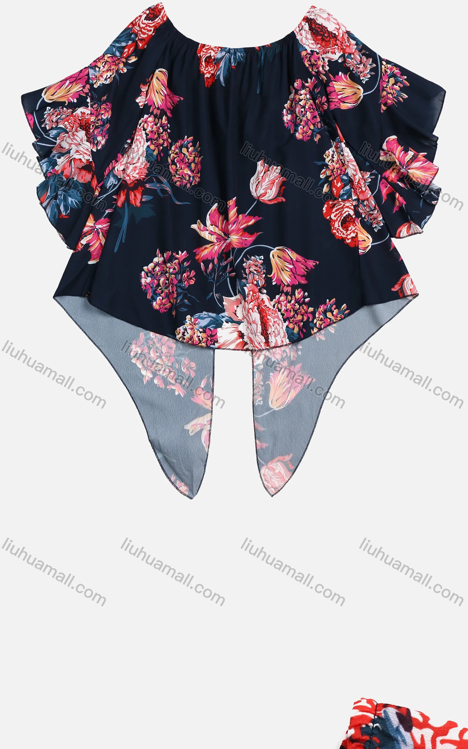 Wholesale Women's Summer Flower Print Crew Neck Asymmetrical Hem Ruffle Sleeve Top - Liuhuamall