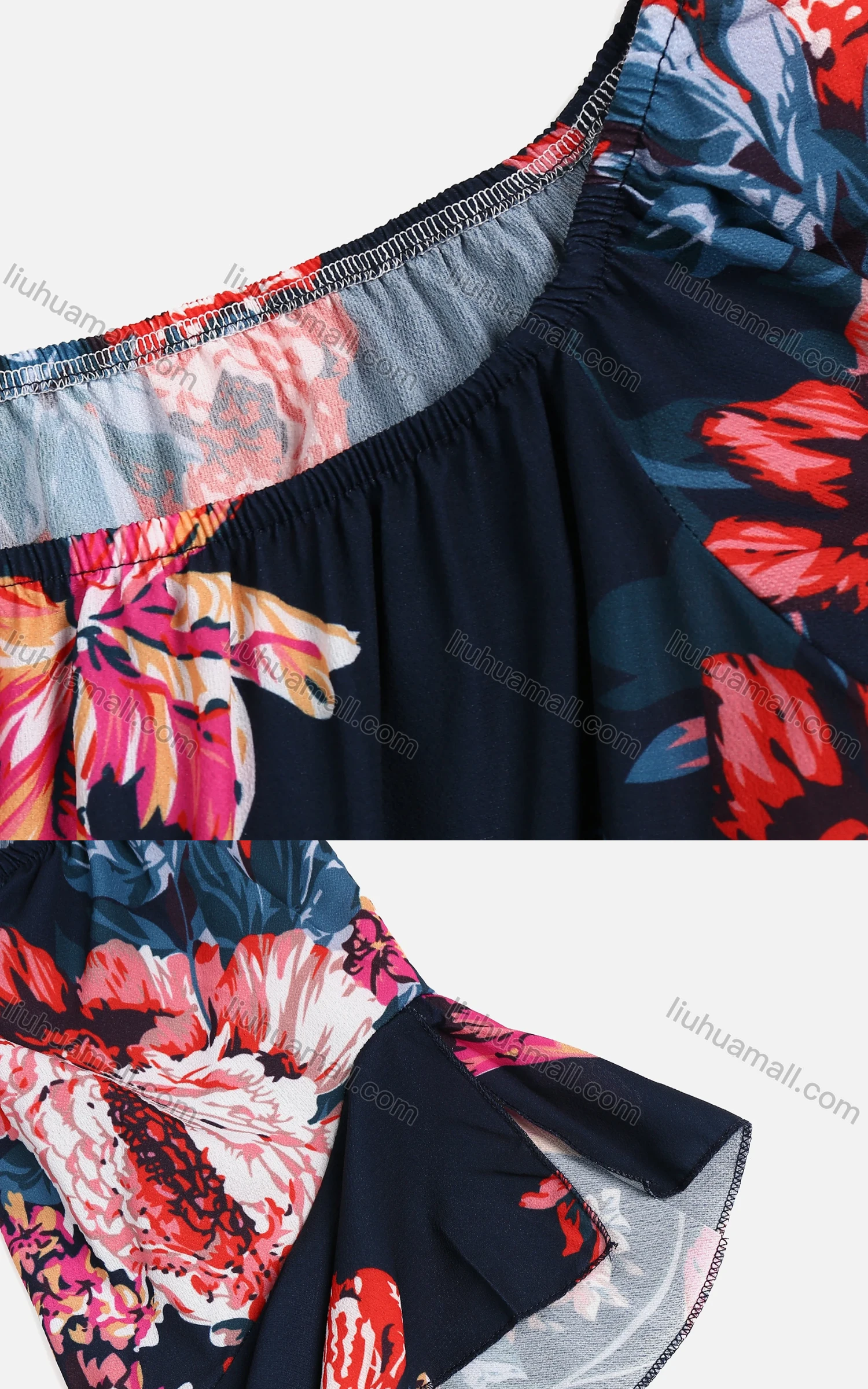 Wholesale Women's Summer Flower Print Crew Neck Asymmetrical Hem Ruffle Sleeve Top - Liuhuamall