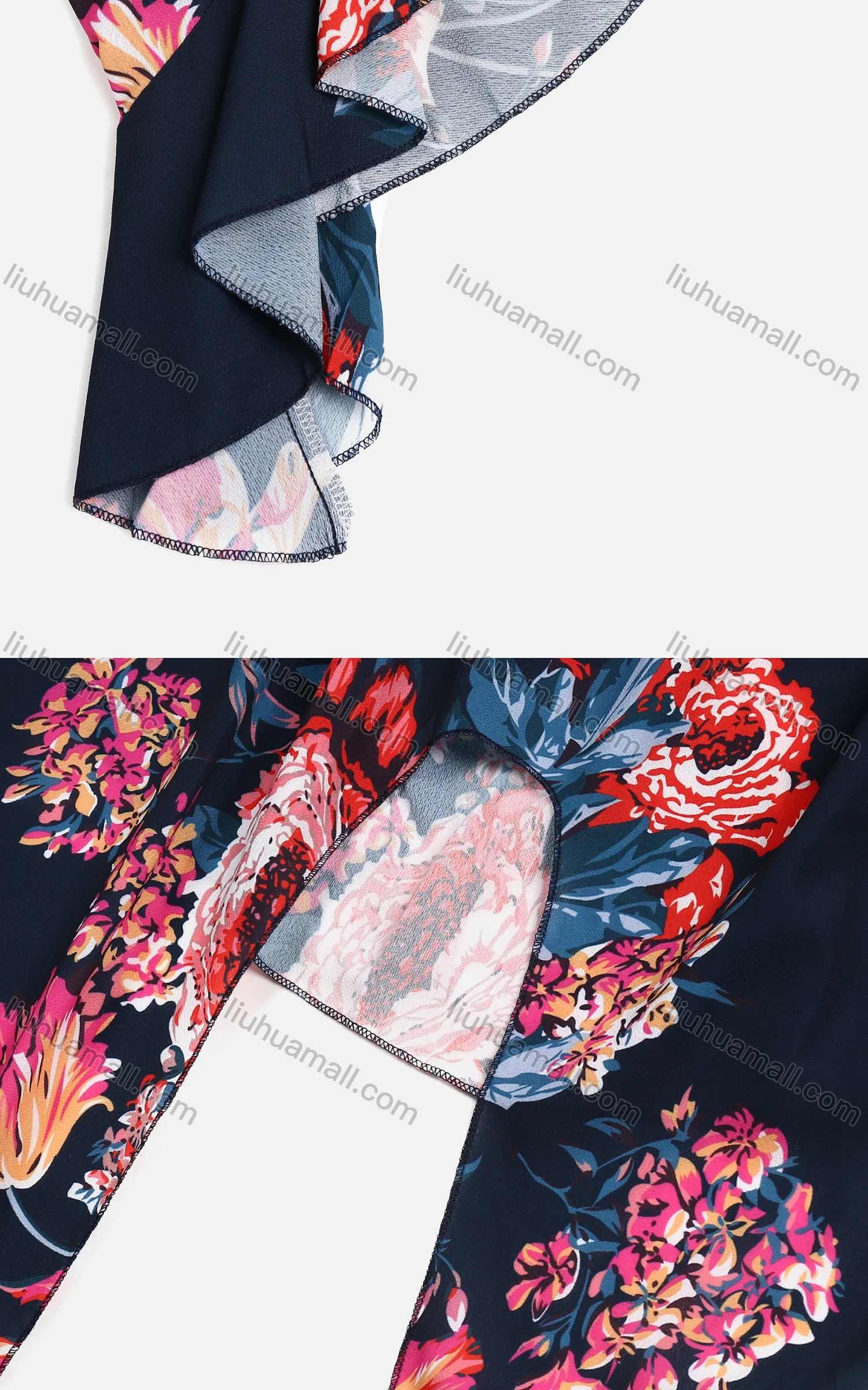 Wholesale Women's Summer Flower Print Crew Neck Asymmetrical Hem Ruffle Sleeve Top - Liuhuamall