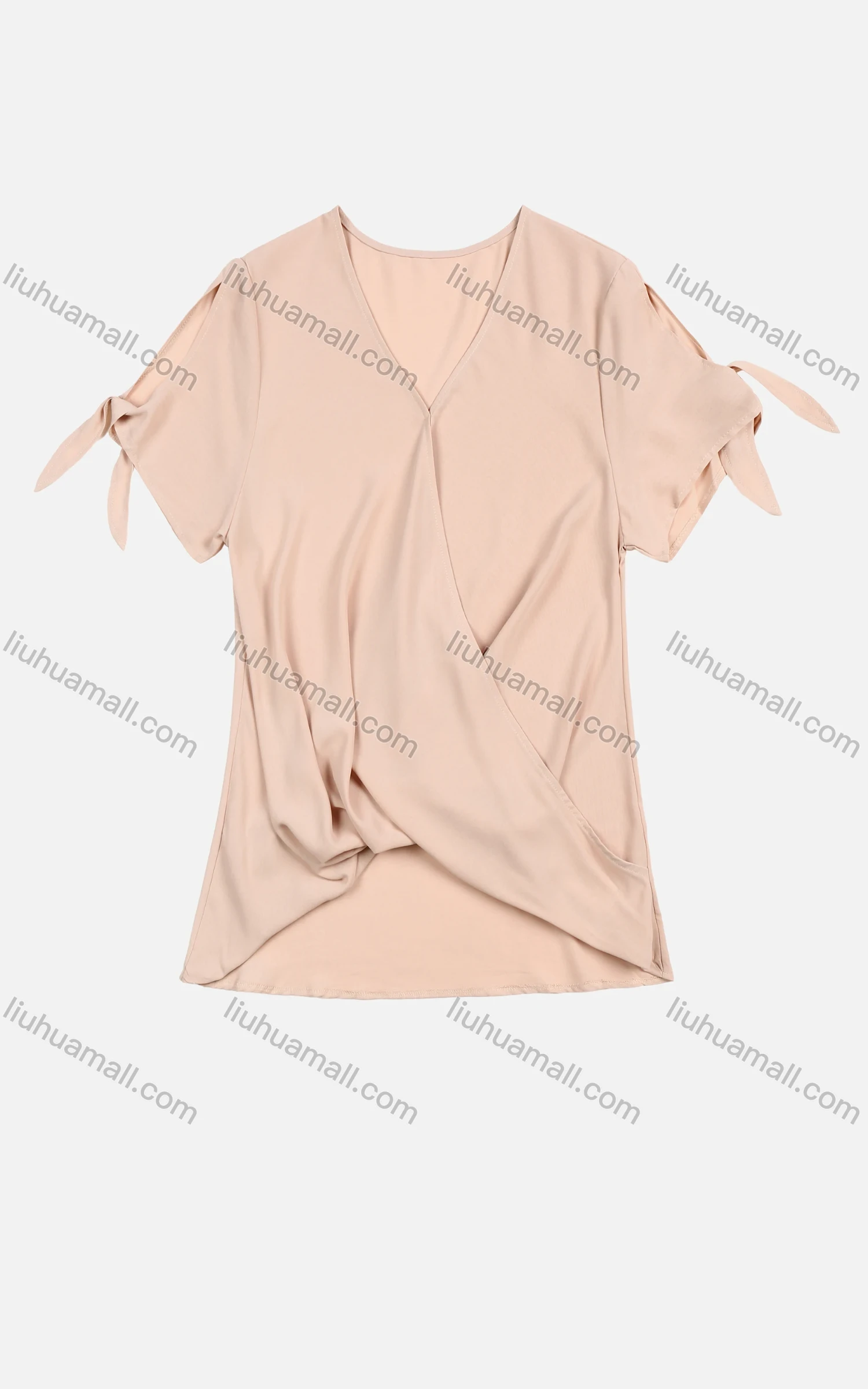 Wholesale Women's Summer V-Neck Lace Up Cuffs Ruched Plain Casual Top - Liuhuamall