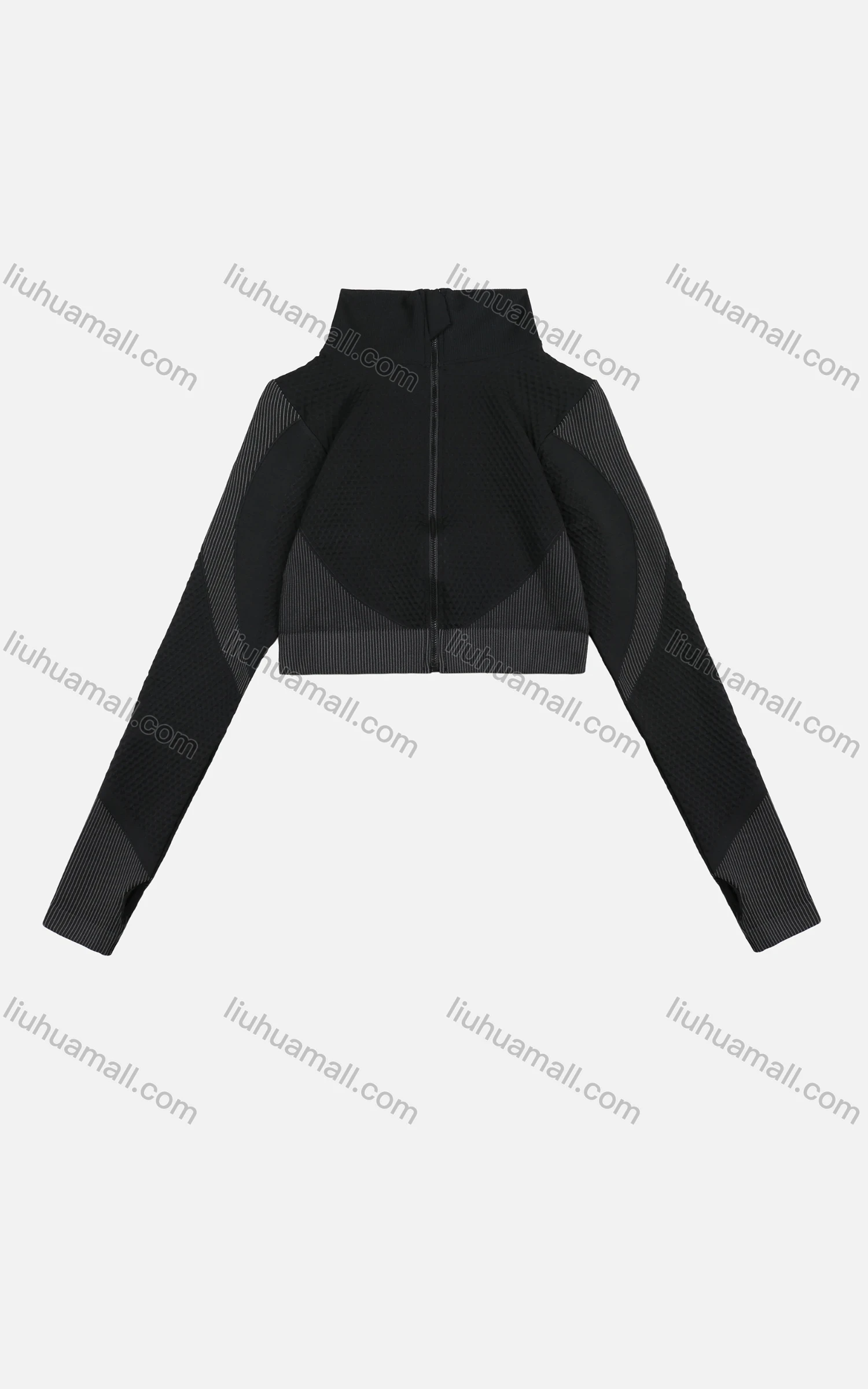Wholesale Women's Casual Stand Collar Plain Splicing Striped Zipper Long Sleeve Knit Gym Crop Jacket - Liuhuamall