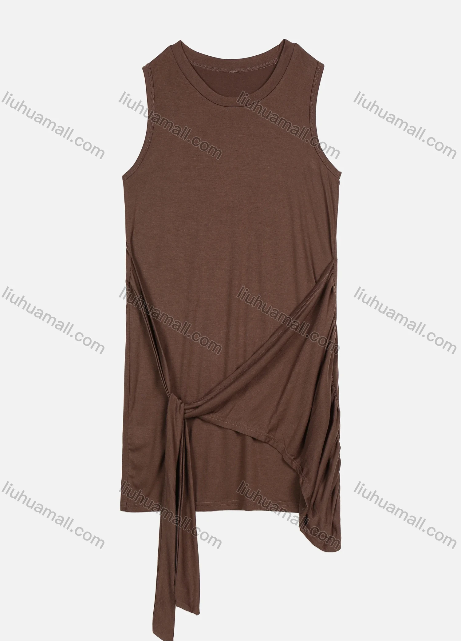 Wholesale Women's Lace Up Sleeveless Plain Ruched Casual Short Tank Dress - Liuhuamall