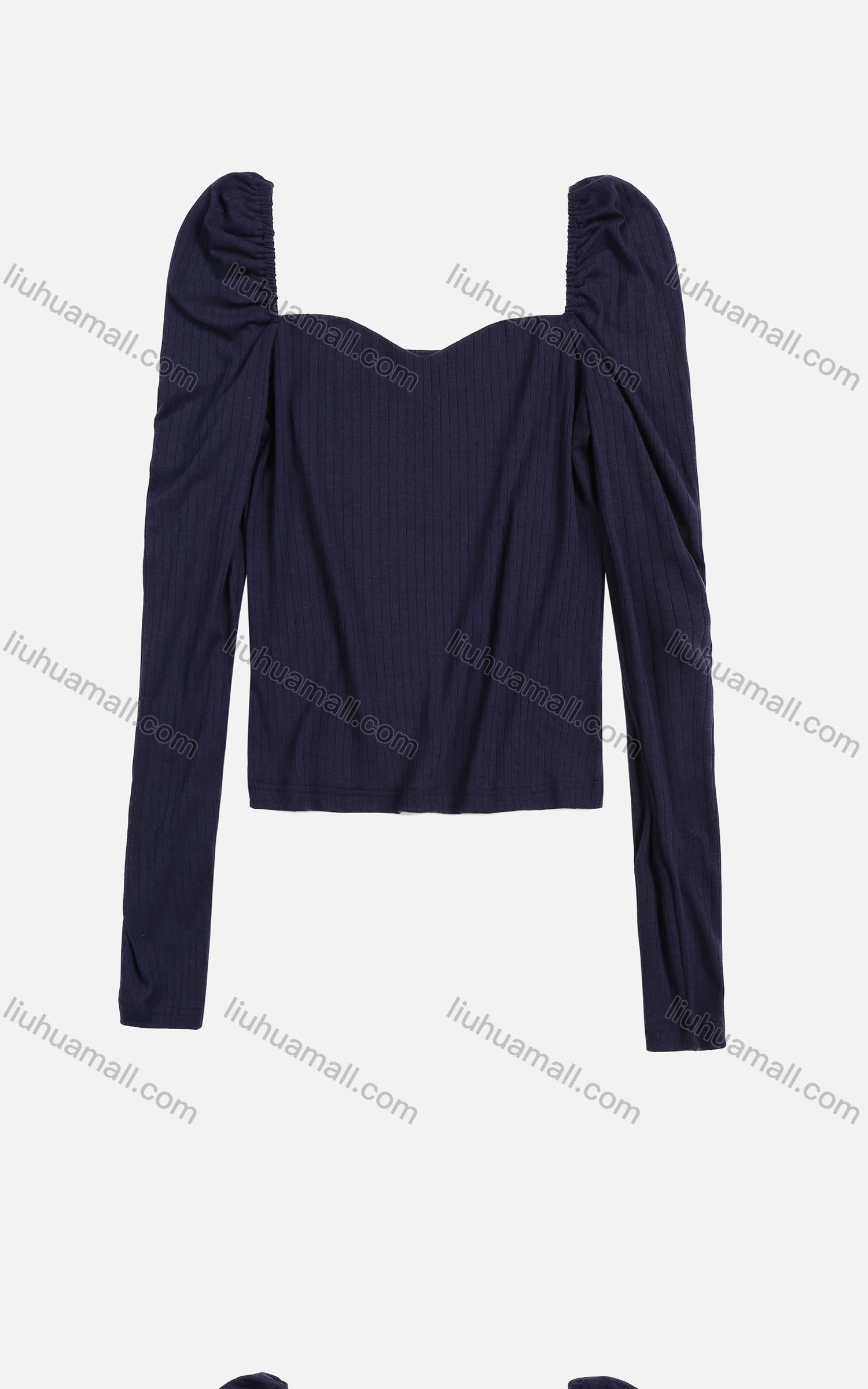 Wholesale Women's Square Neck Puff Sleeve Long Sleeve Plain Ruched Ribbed Blouse - Liuhuamall