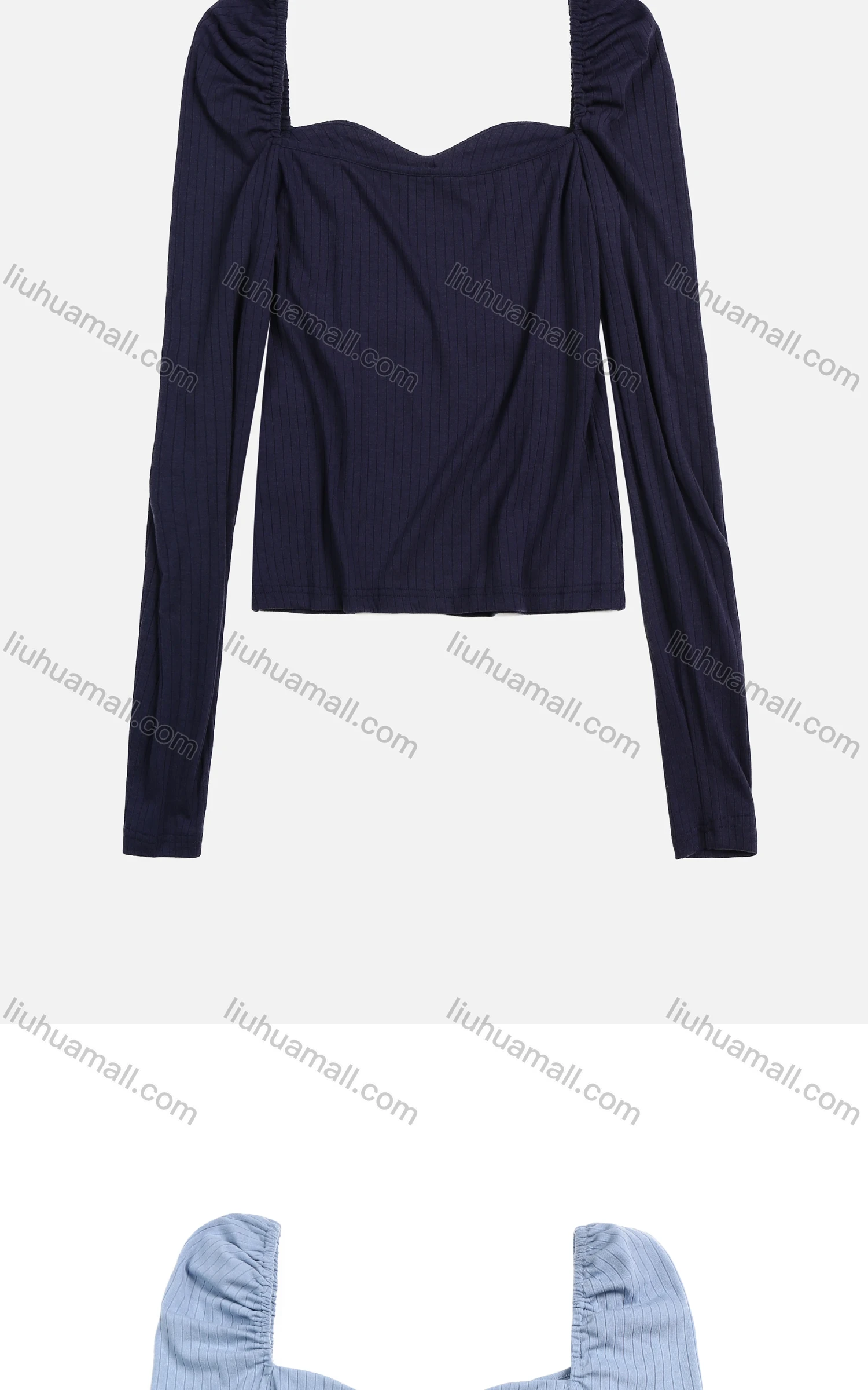 Wholesale Women's Square Neck Puff Sleeve Long Sleeve Plain Ruched Ribbed Blouse - Liuhuamall