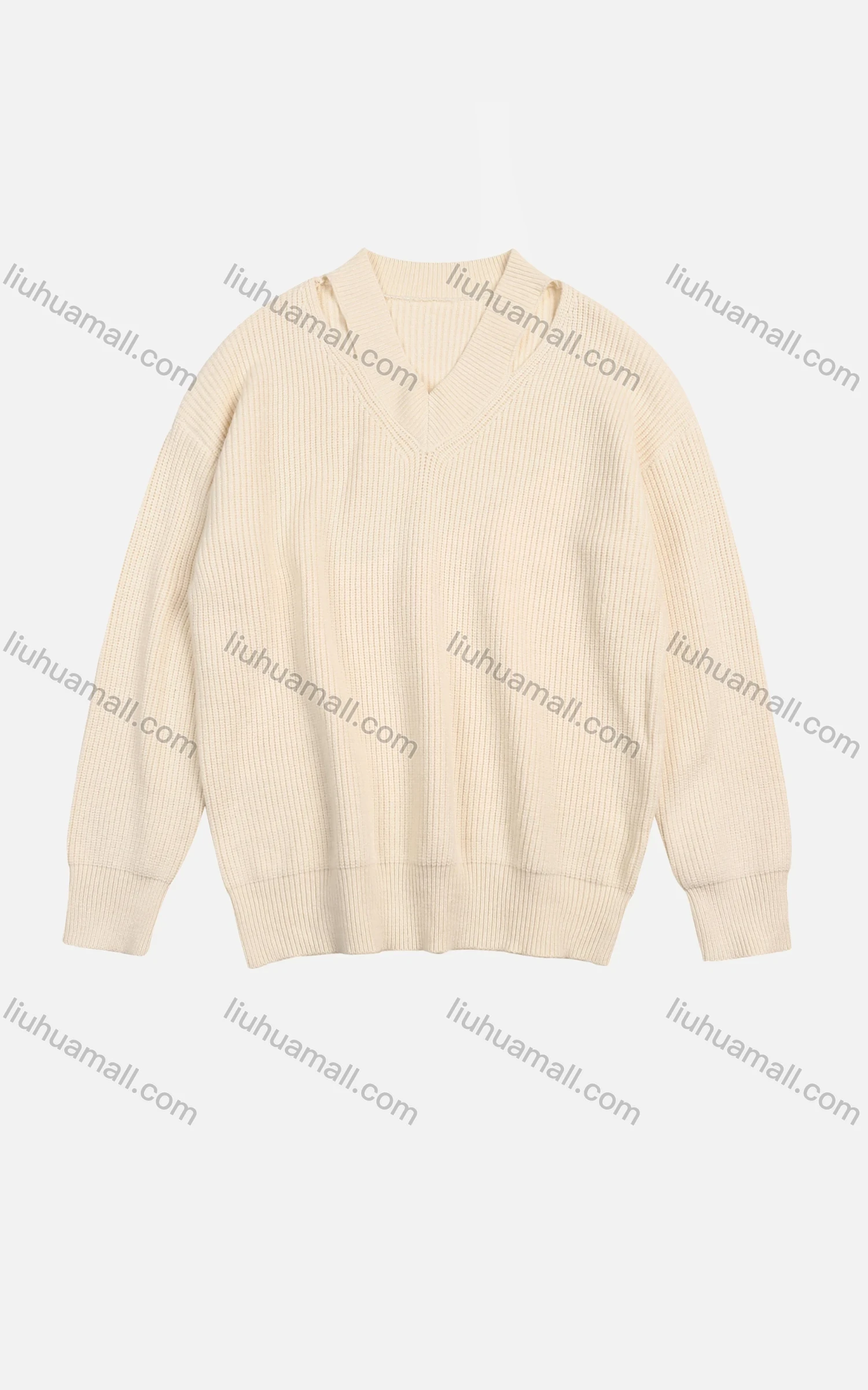 Wholesale Women's Casual Rib-Knit Cut Out V Neck Lantern Sleeve Comfy Sweater - Liuhuamall