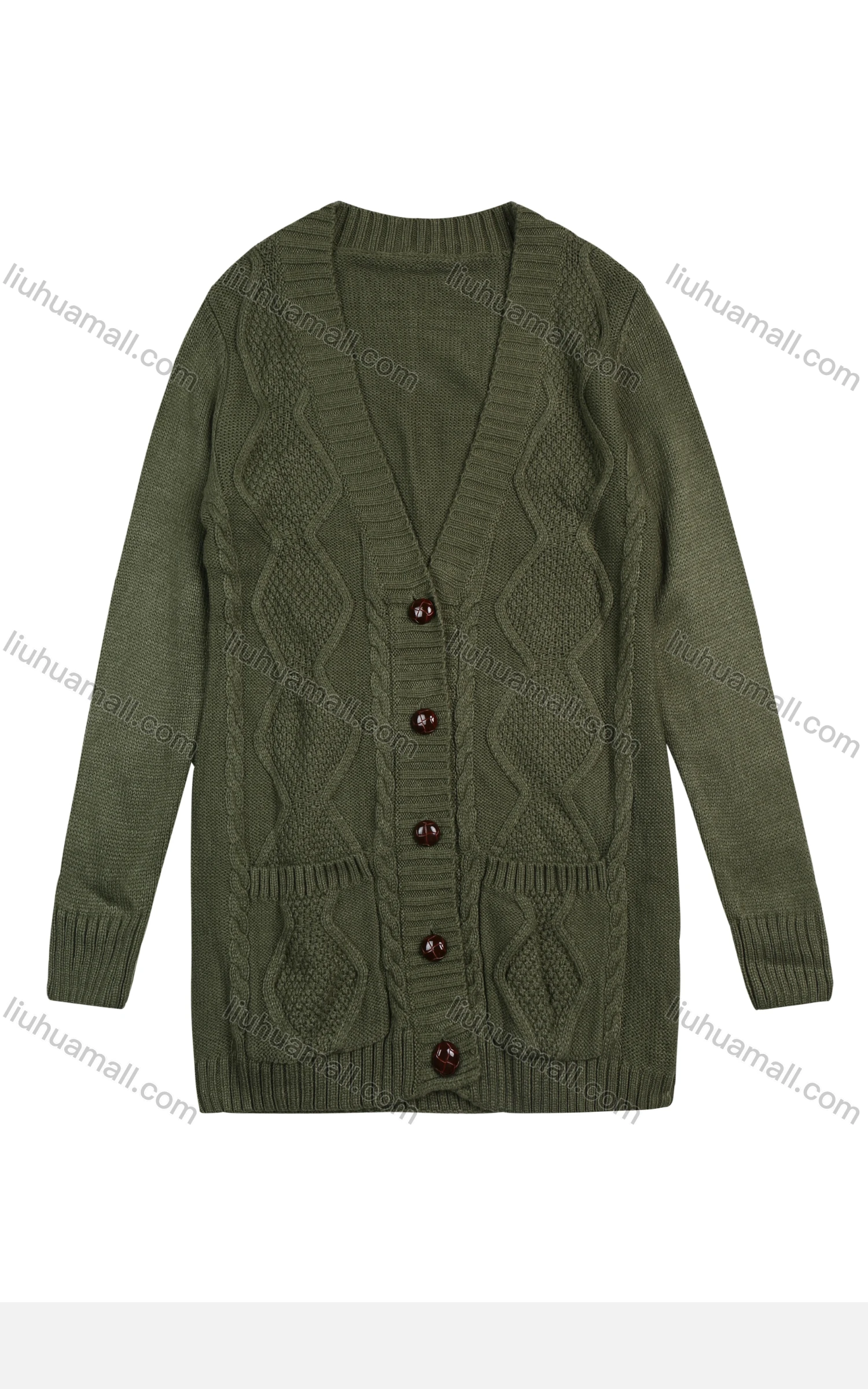 Wholesale Women's Winter V Neck Plain Button Up Rib-Knit Duel Pocket Cardigan - Liuhuamall