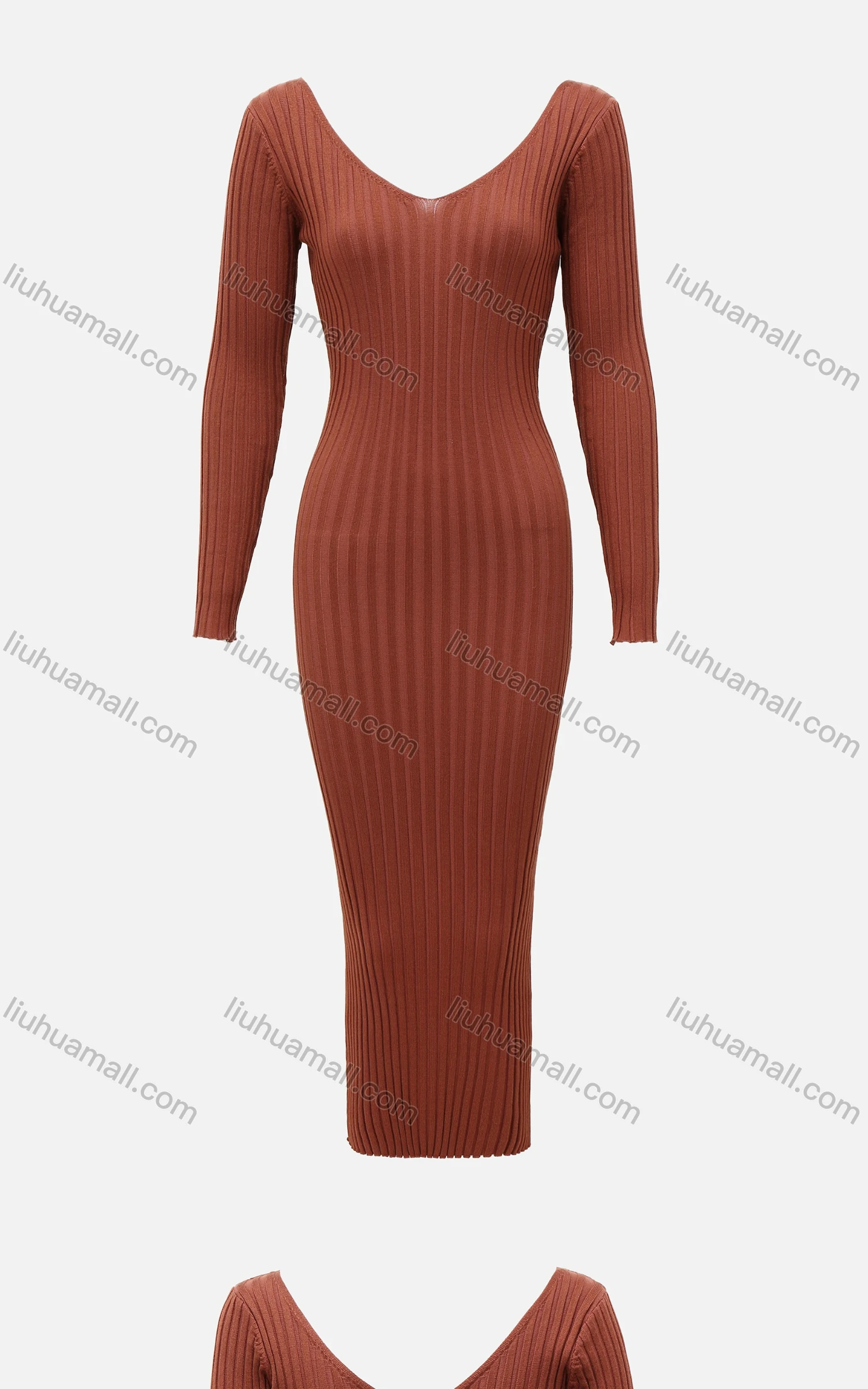 Wholesale Women's Rib-Knit Plain V Neck Long Sleeve Slim Fit Maxi Dress - Liuhuamall