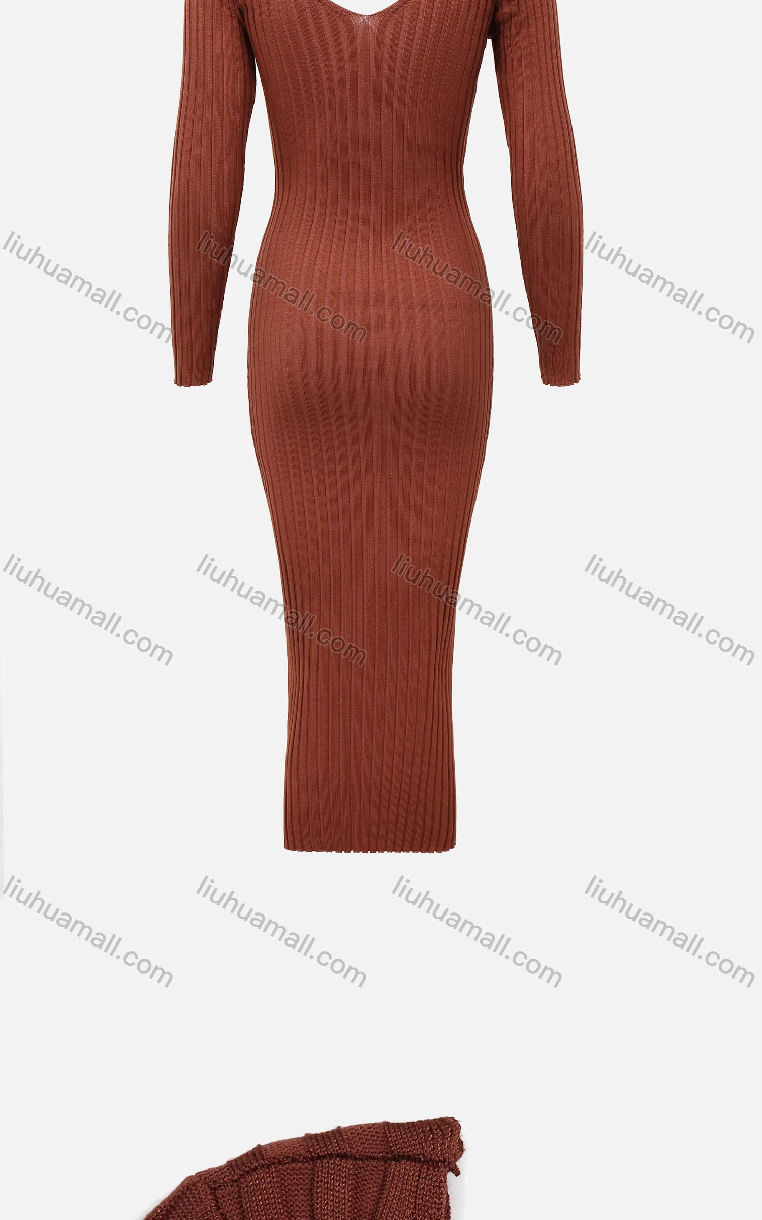 Wholesale Women's Rib-Knit Plain V Neck Long Sleeve Slim Fit Maxi Dress - Liuhuamall