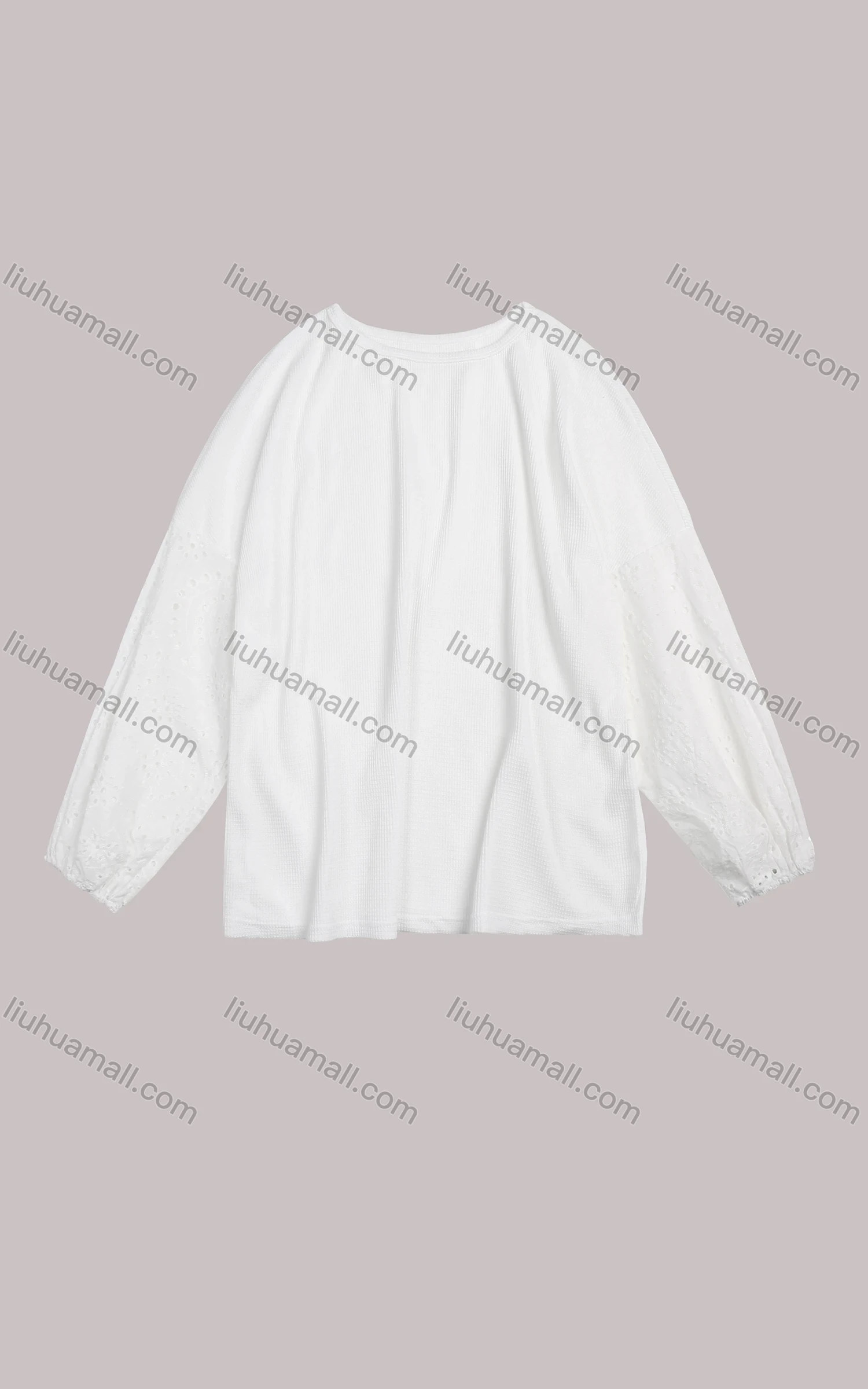 Wholesale Women's Casual Crew Neck Elastic Cuff Eyelet Embroidered Long Sleeve Knit Blouse - Liuhuamall