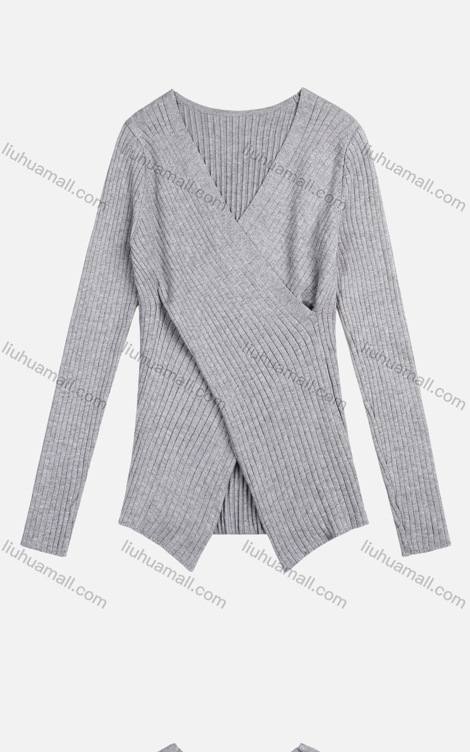 Wholesale Women's Elegant V Neck Long Sleeve Asymmetrical Hem Wrap Ribbed Knit Sweater - Liuhuamall
