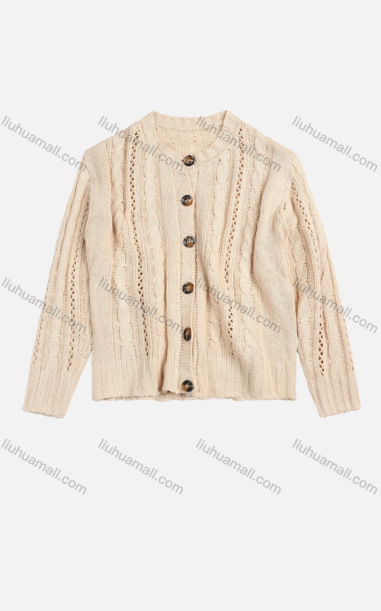 Wholesale Women's Rib-Knit Round Neck Long Sleeve Button Up Hollow Out Comfy Sweater - Liuhuamall