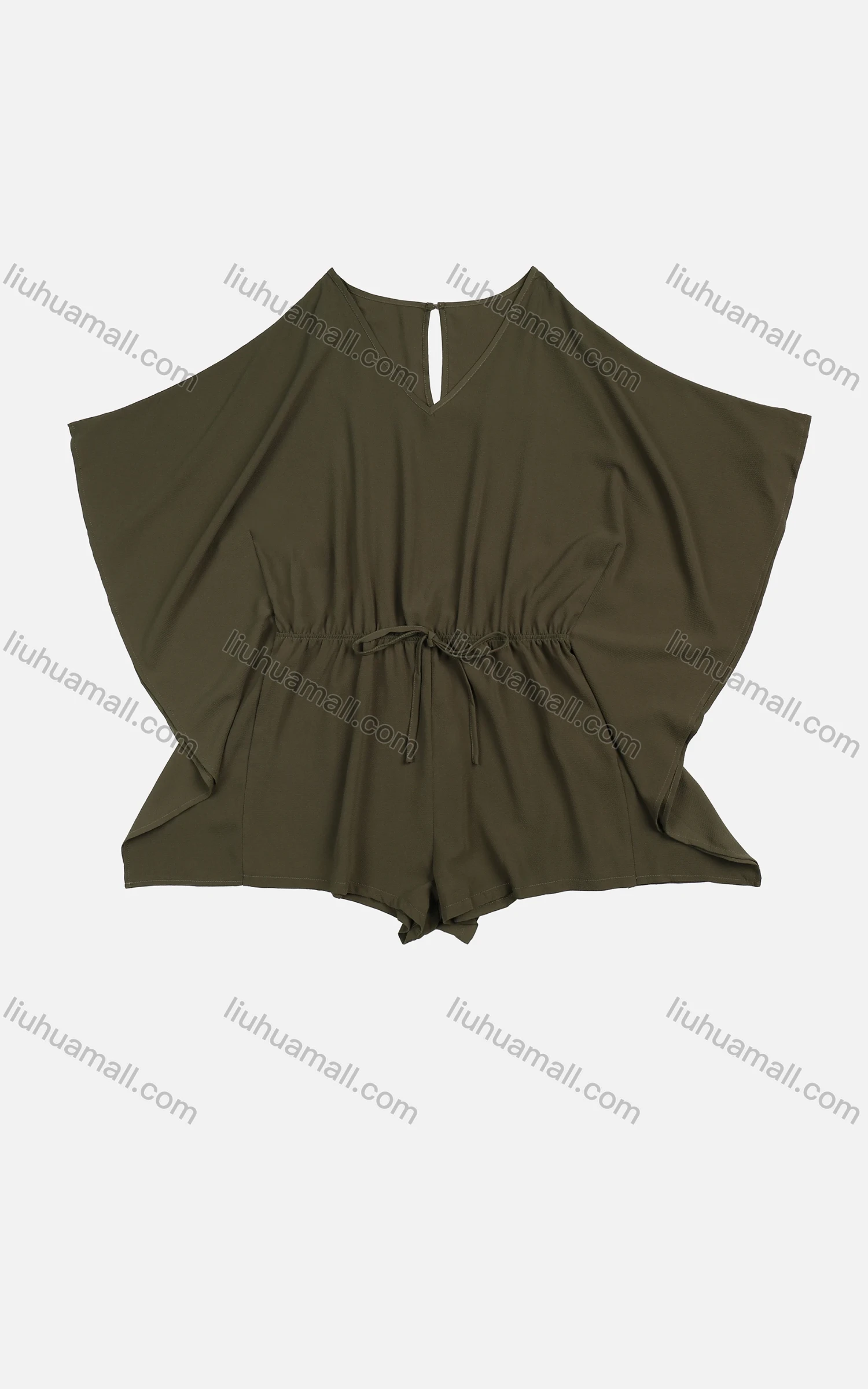 Wholesale Women's Casual Plain High Waist Drawstring Bat Wings Sleeve Romper - Liuhuamall