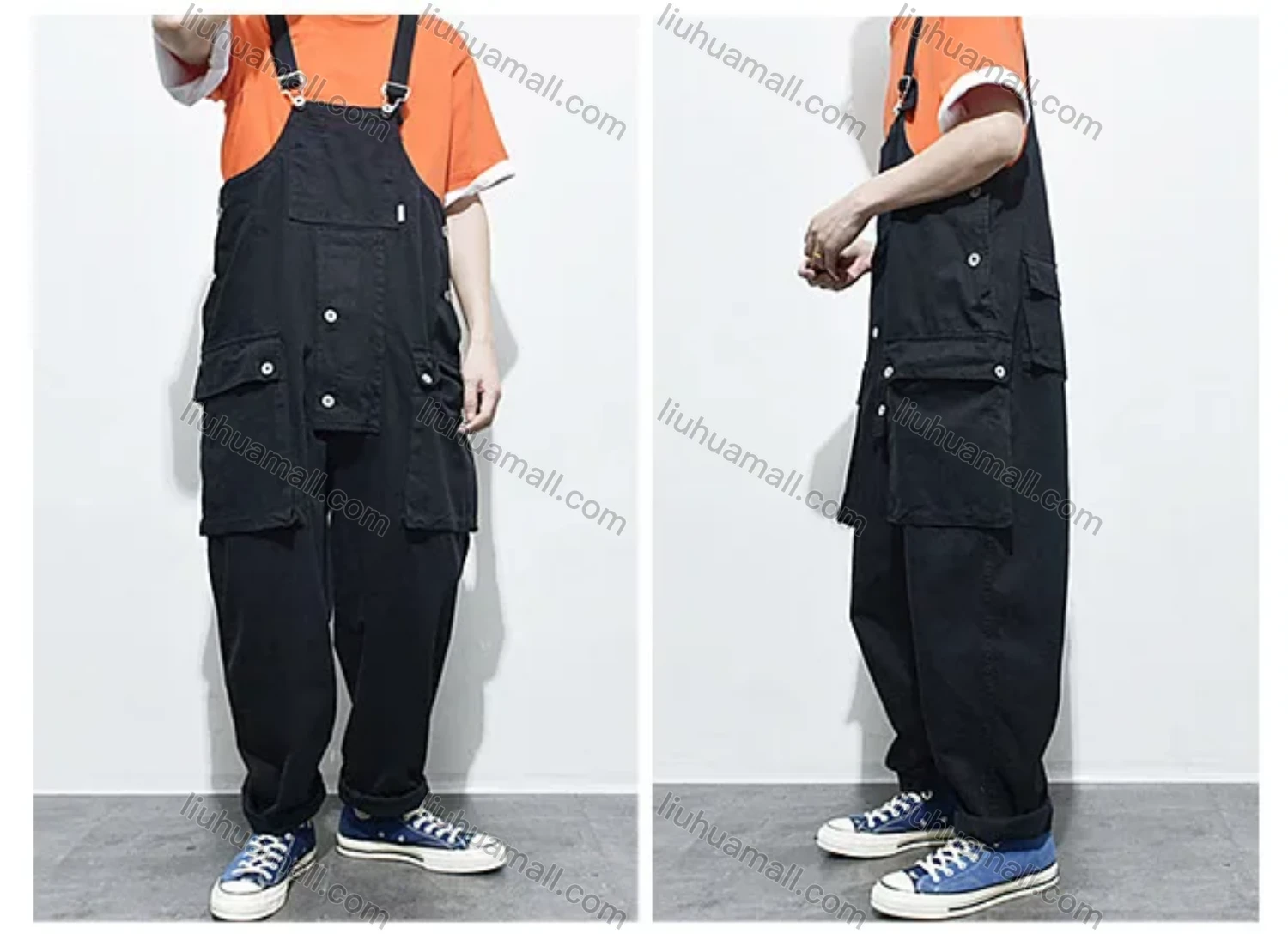 Wholesale Men's Plain Multiple Flap Pockets American Suspenders Loose Casual Cargo Overalls PM-3320# - Liuhuamall