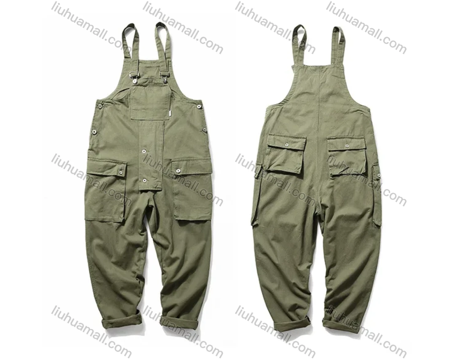 Wholesale Men's Plain Multiple Flap Pockets American Suspenders Loose Casual Cargo Overalls PM-3320# - Liuhuamall