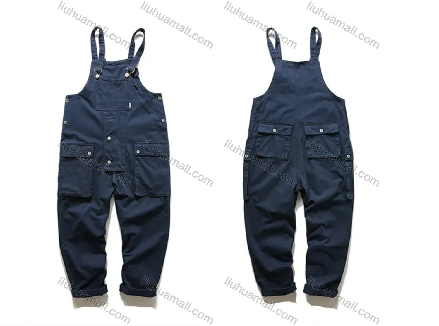 Wholesale Men's Plain Multiple Flap Pockets American Suspenders Loose Casual Cargo Overalls PM-3320# - Liuhuamall