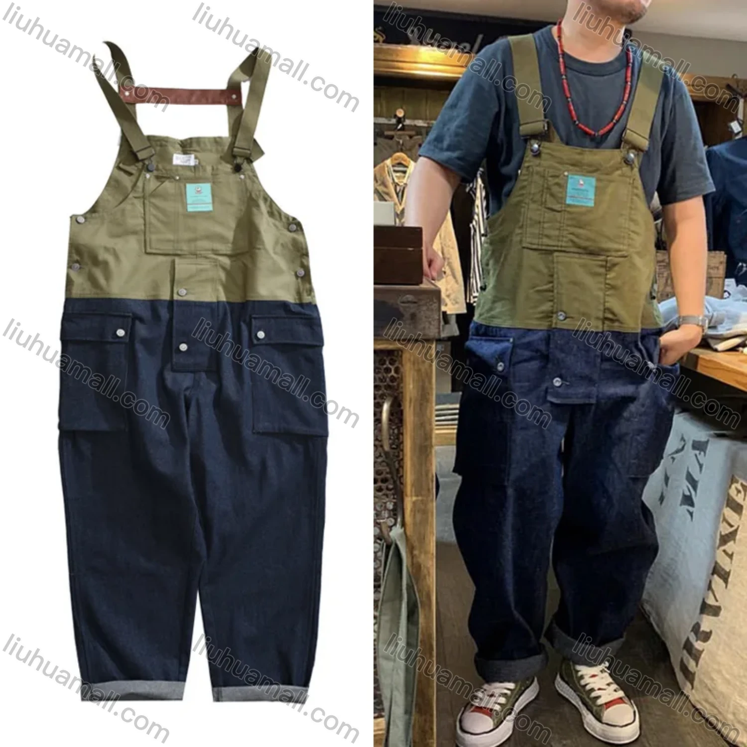 Wholesale Men's Splicing Suspenders American Colorblock Multiple Pockets Loose Fashion Cargo Denim Overalls - Liuhuamall