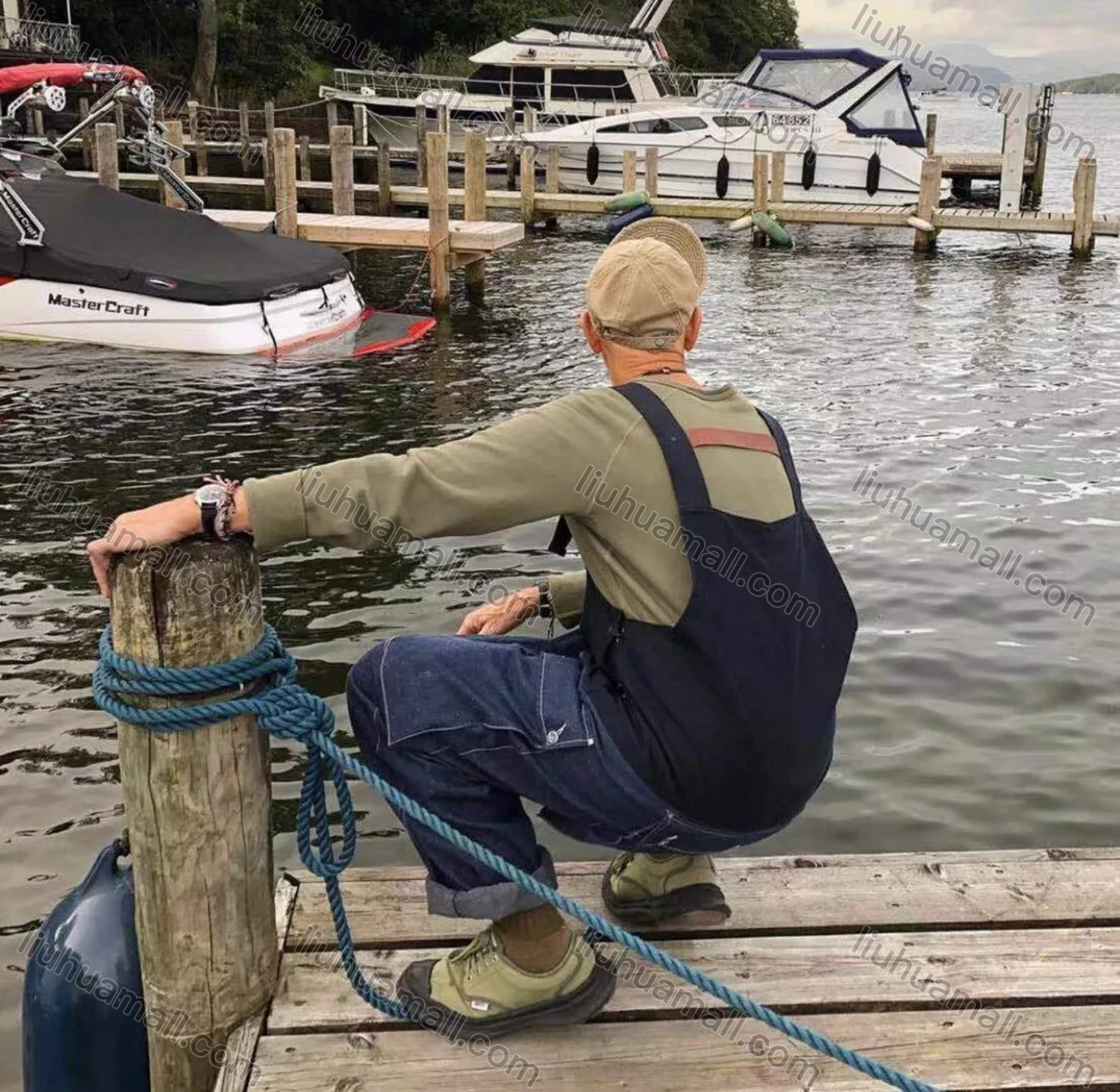 Wholesale Men's Splicing Suspenders American Colorblock Multiple Pockets Loose Fashion Cargo Denim Overalls - Liuhuamall