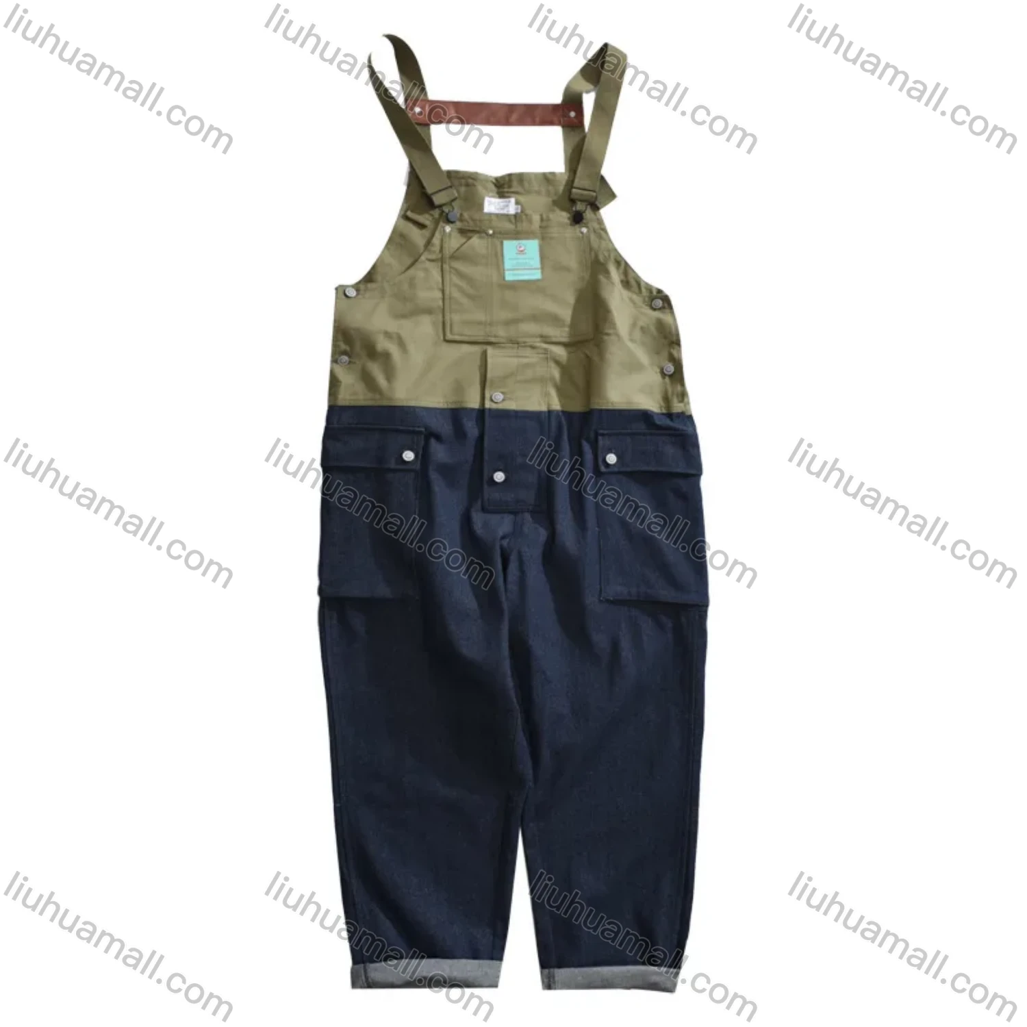 Wholesale Men's Splicing Suspenders American Colorblock Multiple Pockets Loose Fashion Cargo Denim Overalls - Liuhuamall