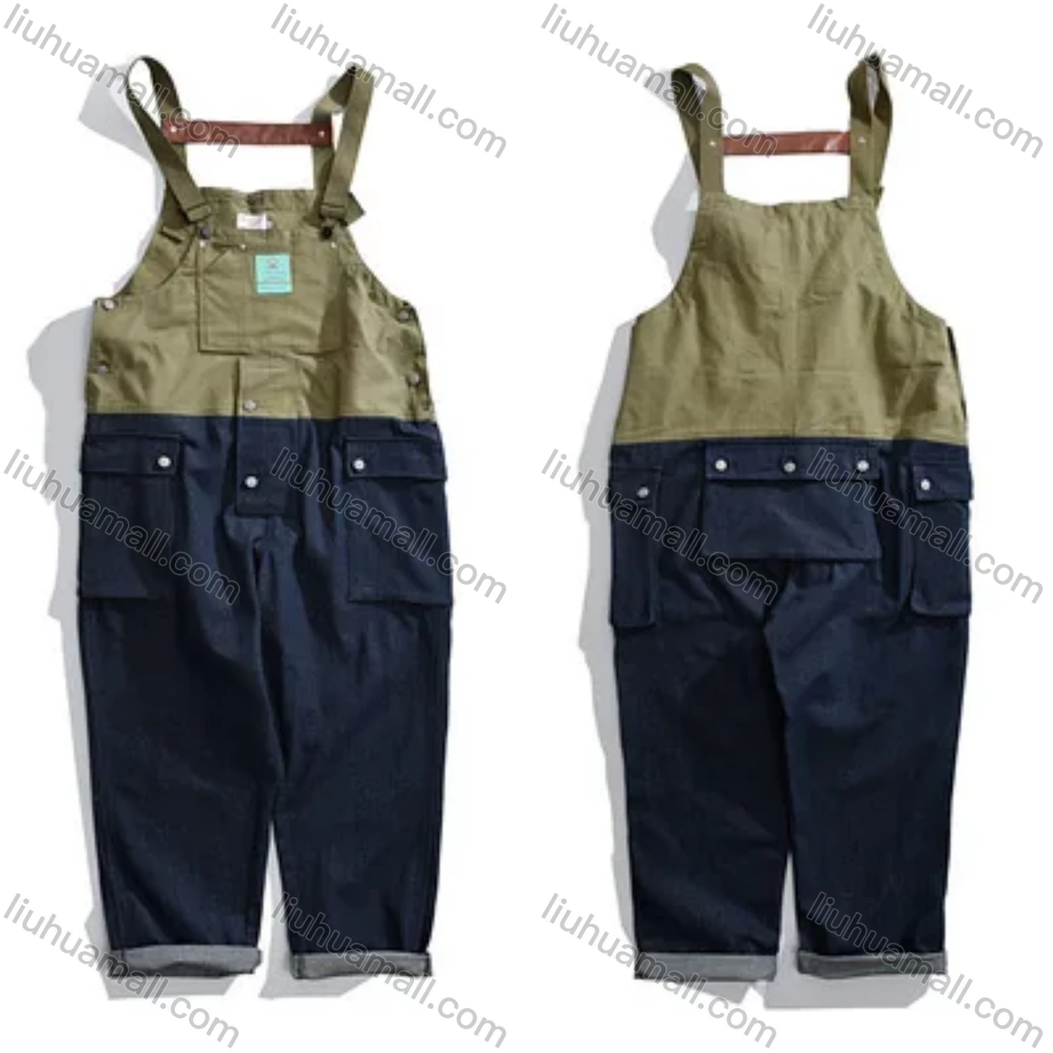 Wholesale Men's Splicing Suspenders American Colorblock Multiple Pockets Loose Fashion Cargo Denim Overalls - Liuhuamall