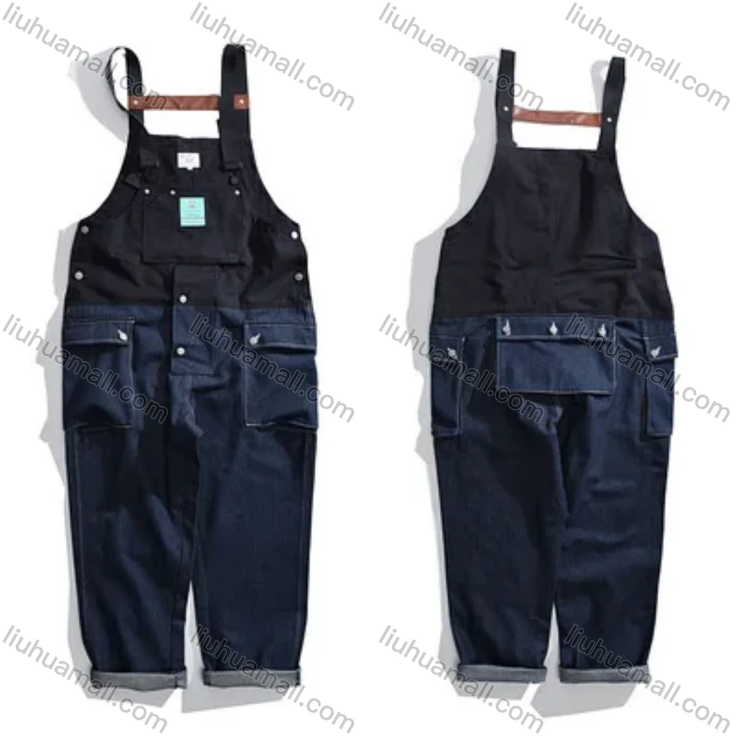 Wholesale Men's Splicing Suspenders American Colorblock Multiple Pockets Loose Fashion Cargo Denim Overalls - Liuhuamall