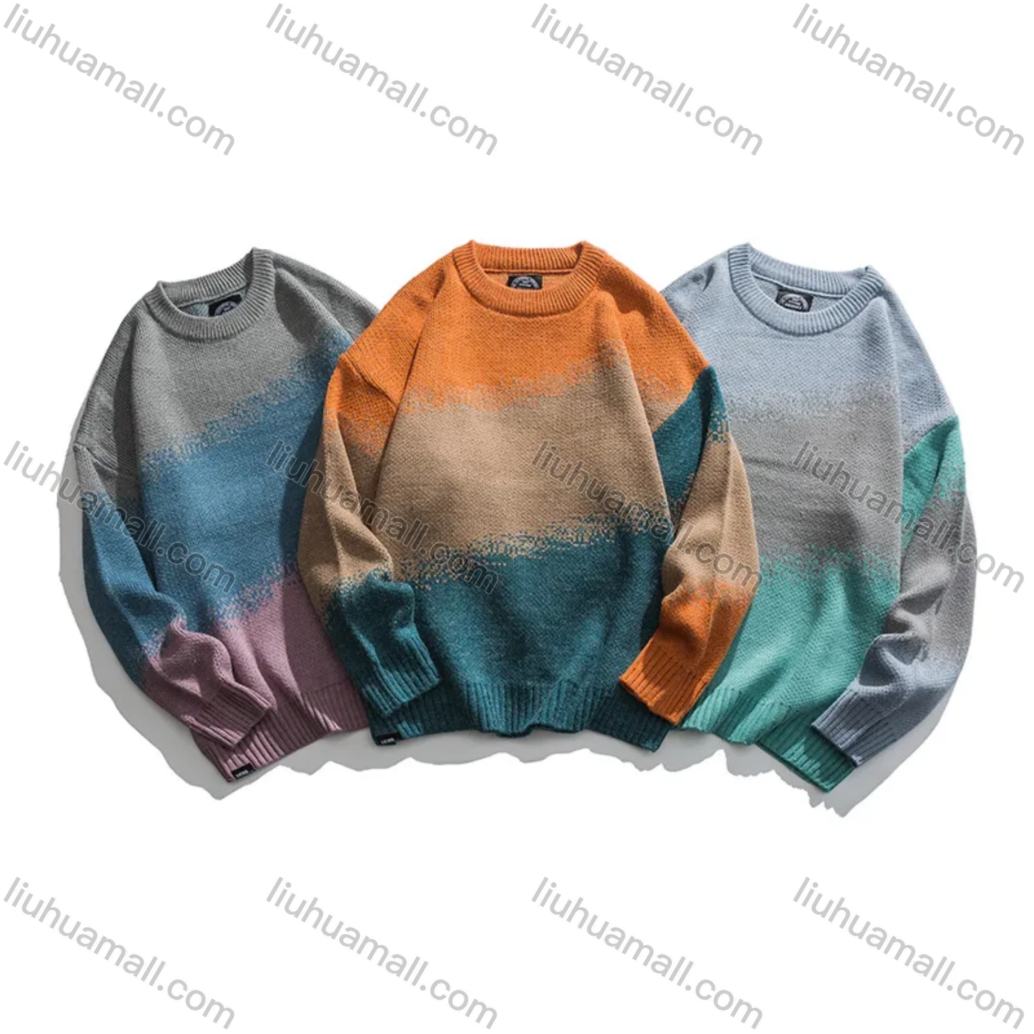 Wholesale Men's Gradient Colorblock Round Neck Ribbed Cuff Comfy Pullover Sweater - Liuhuamall