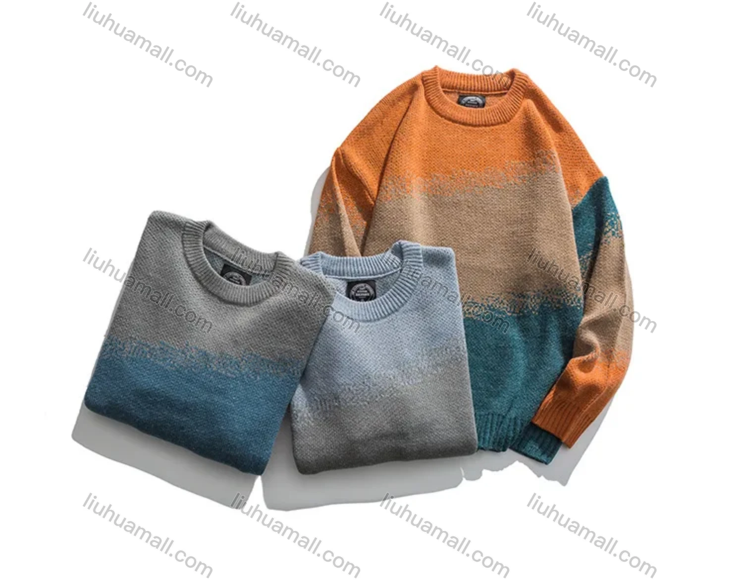 Wholesale Men's Gradient Colorblock Round Neck Ribbed Cuff Comfy Pullover Sweater - Liuhuamall