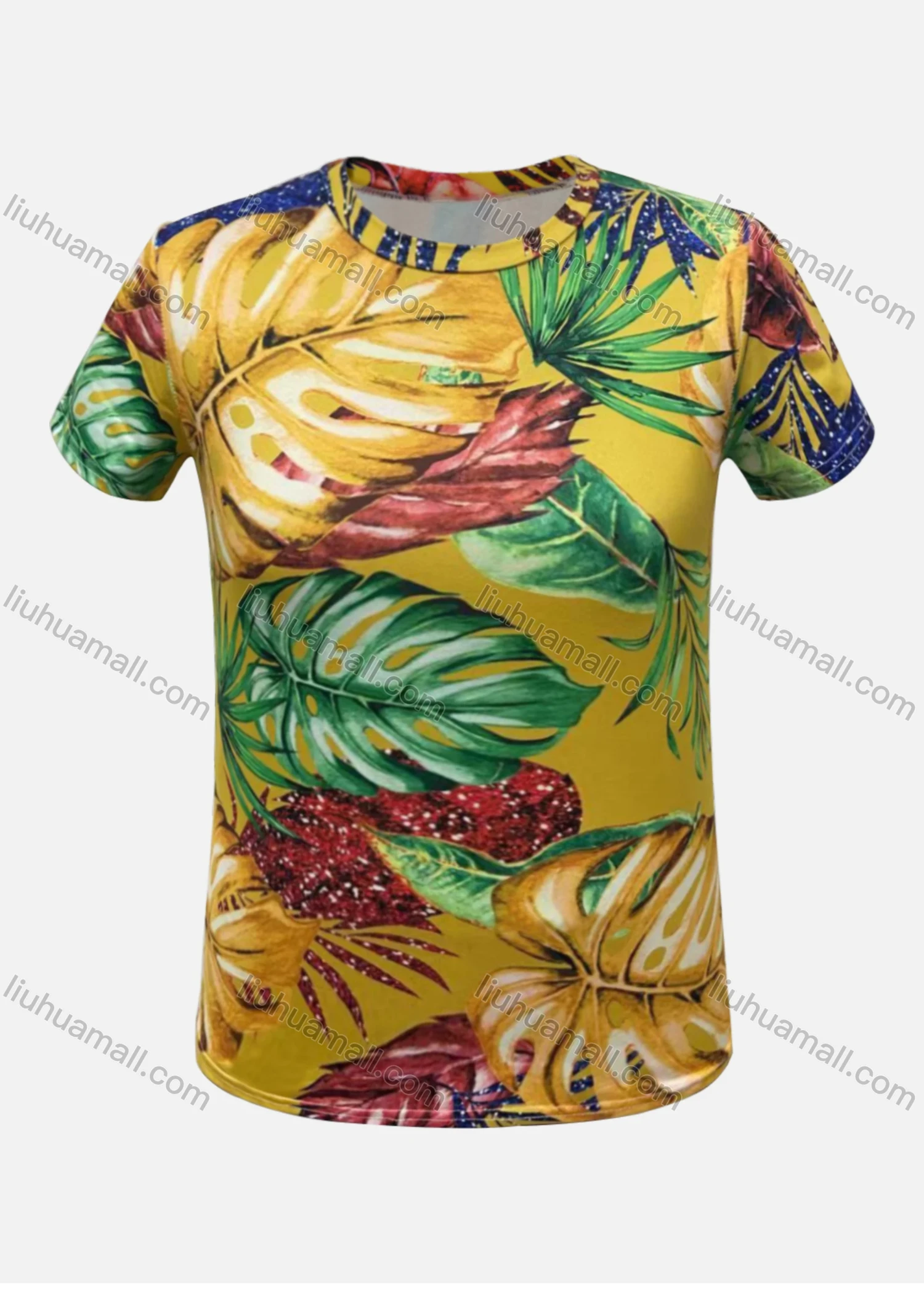 Wholesale Women's Round Neck Short Sleeve Tropical Print Casual T-Shirt - Liuhuamall