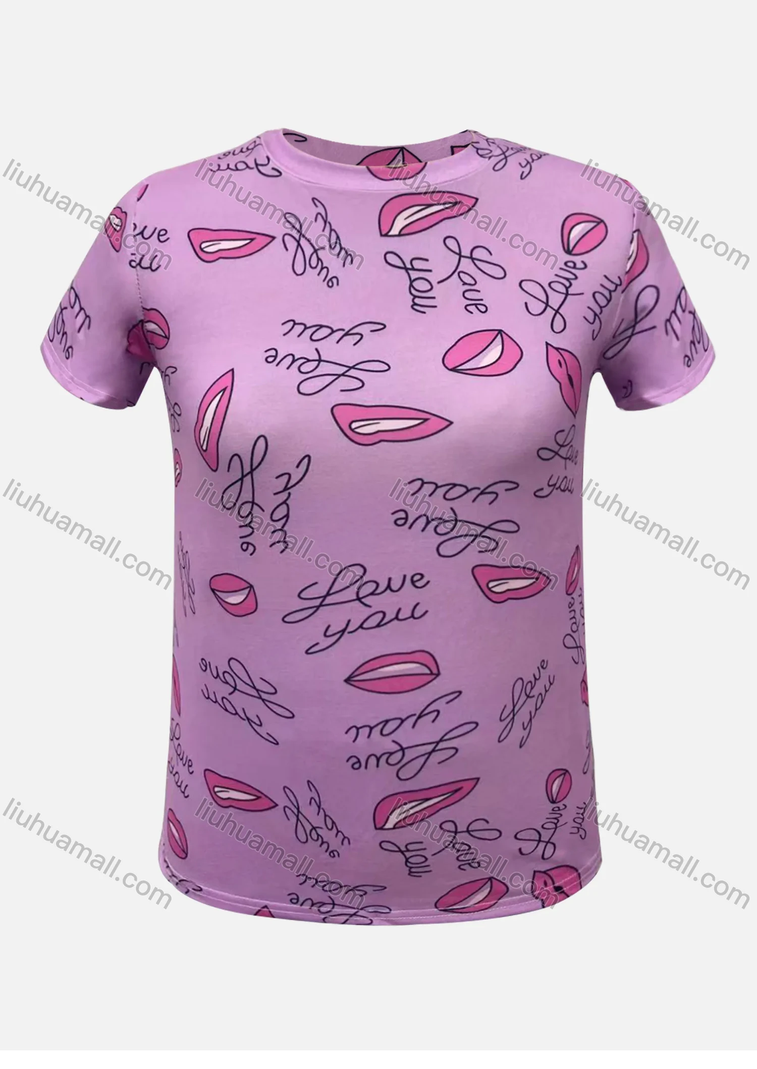 Wholesale Women's Round Neck Graffiti Lips Print Letter Print Casual T-Shirt - Liuhuamall