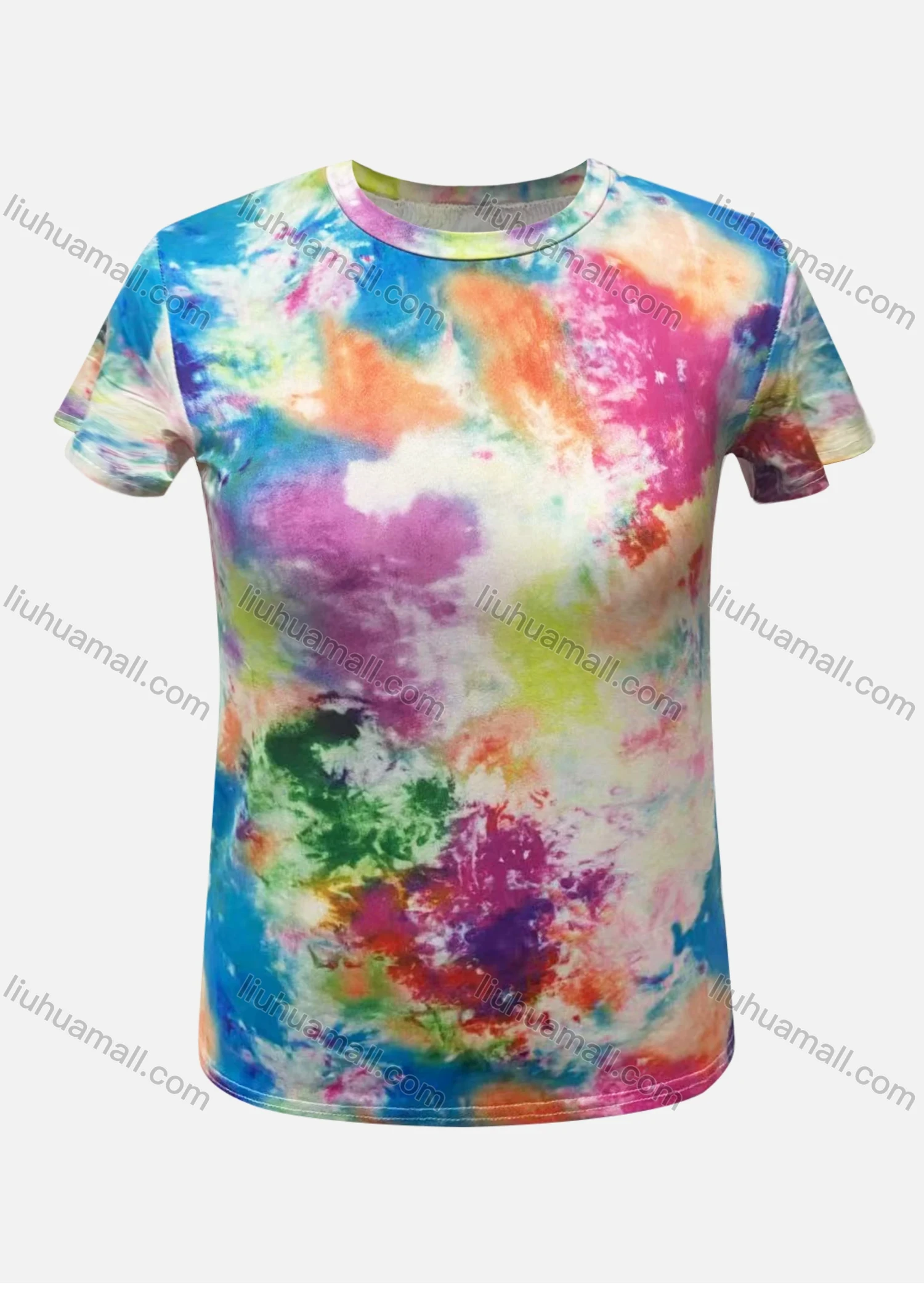Wholesale Women's Round Neck Romantic Multicolor Tie Dye Casual T-Shirt - Liuhuamall