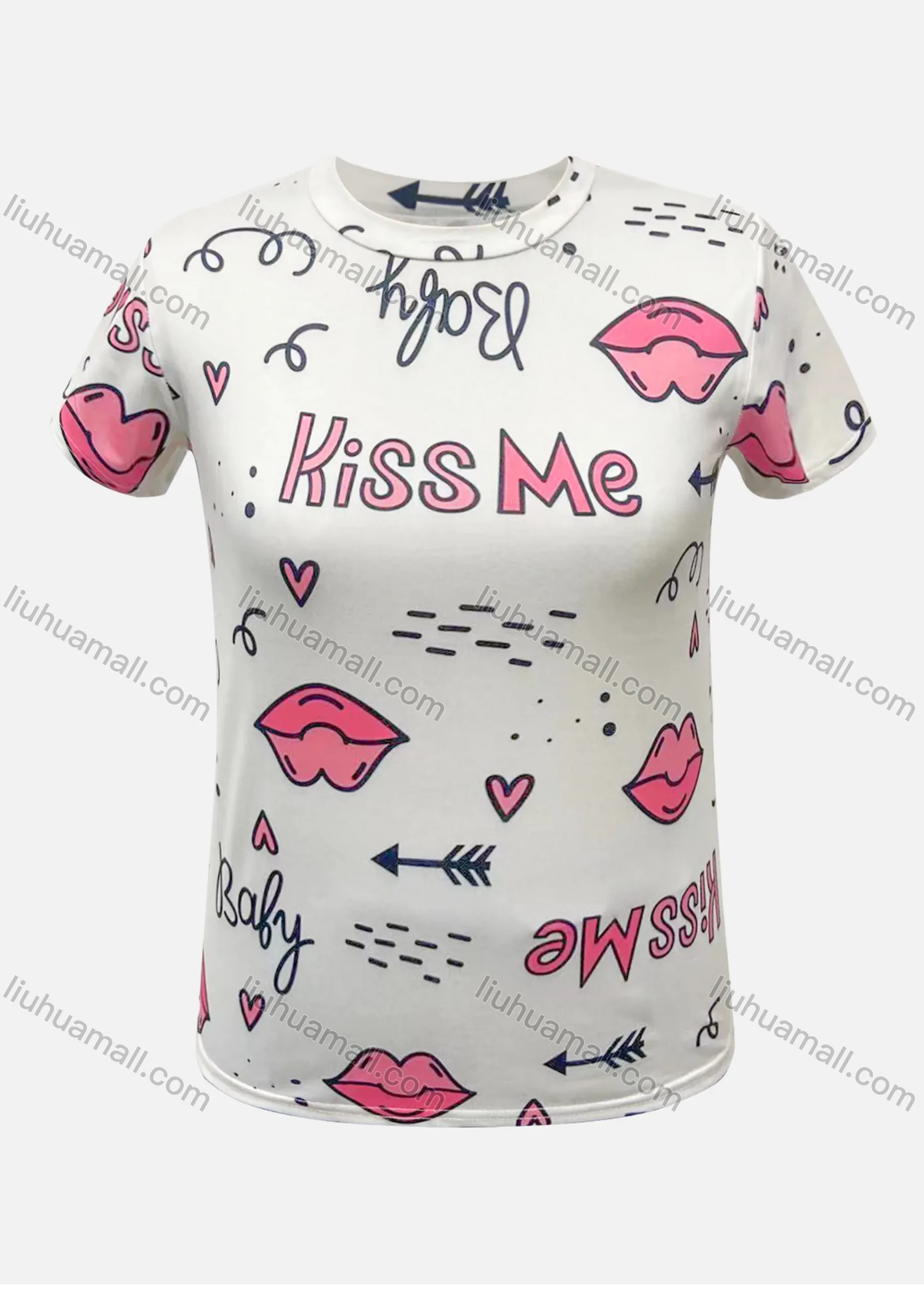 Wholesale Women's Casual Round Neck Cute Graffiti Letter Lips Print T-Shirt - Liuhuamall