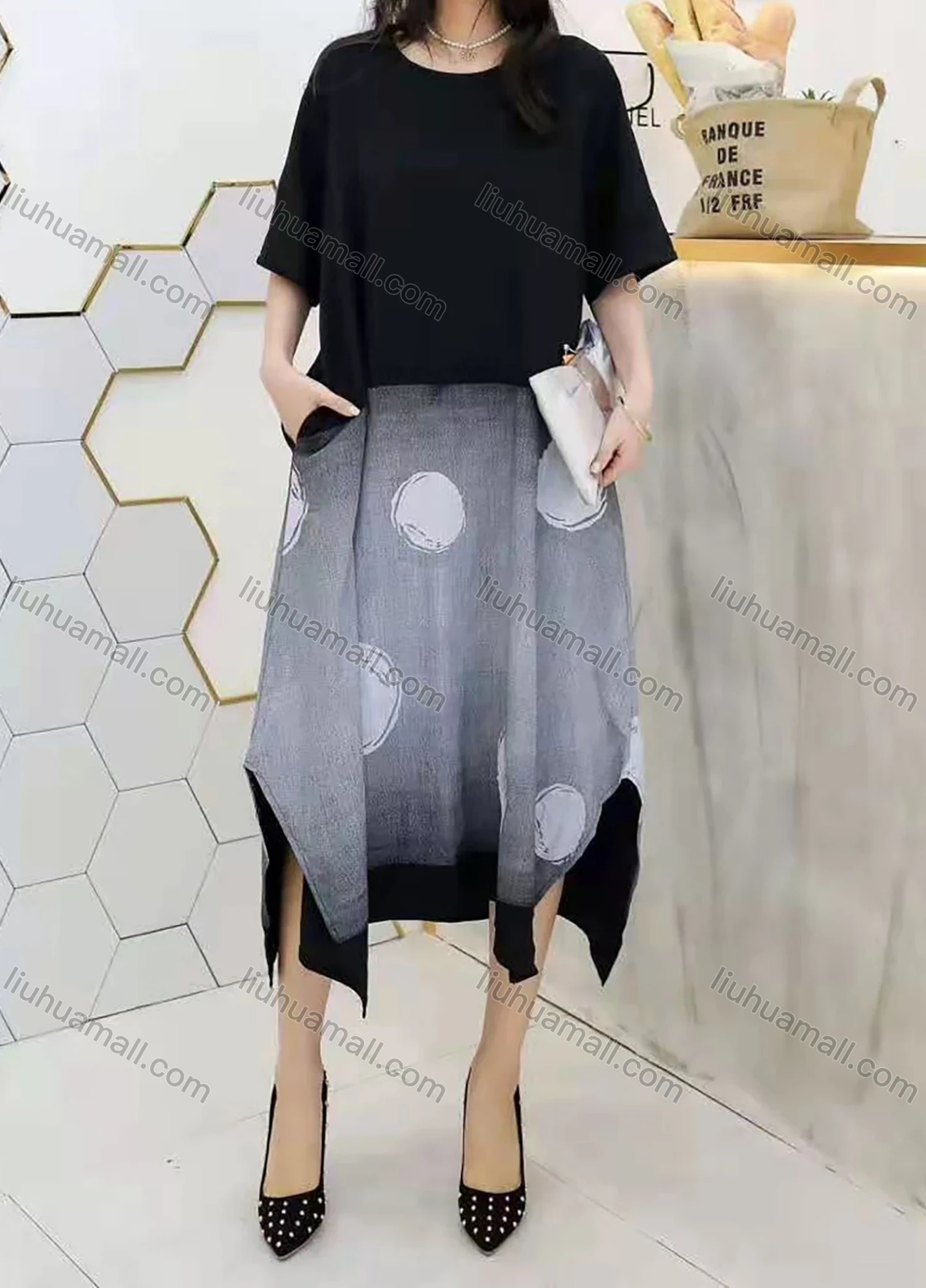 Wholesale Women's Casual Half Sleeve Round Neck Splicing Two Tone Hanky Hem Polka Dot Midi Dress - Liuhuamall