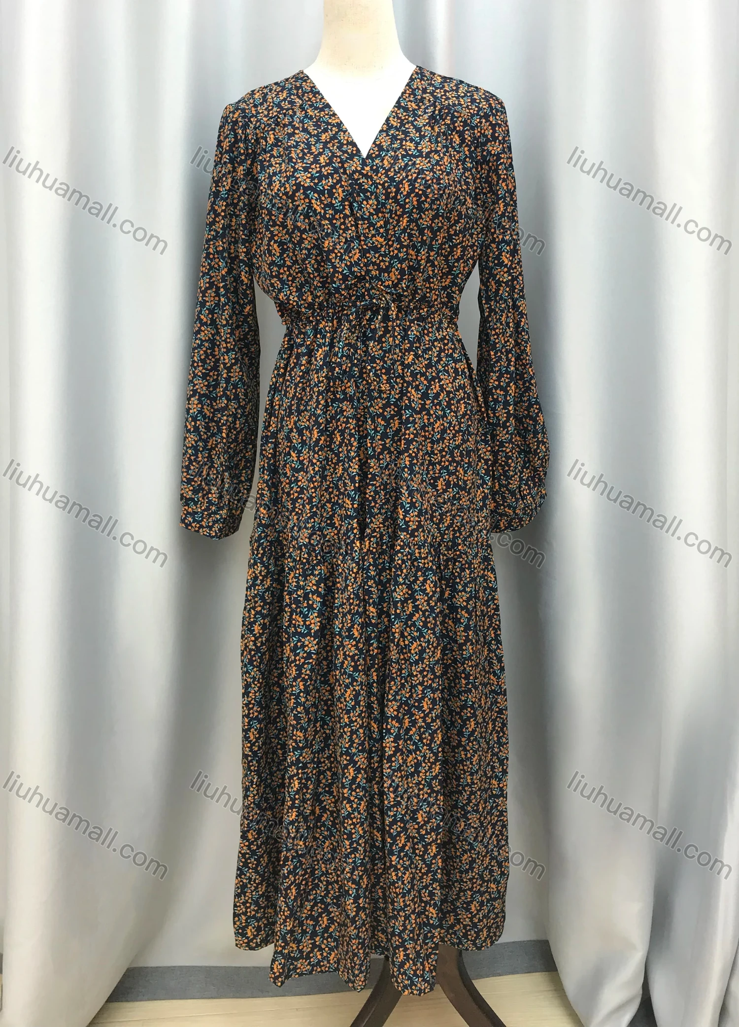 Wholesale Women's Casual Floral Print Wrap V Neck Drawstring Long Sleeve Maxi Dress - Liuhuamall