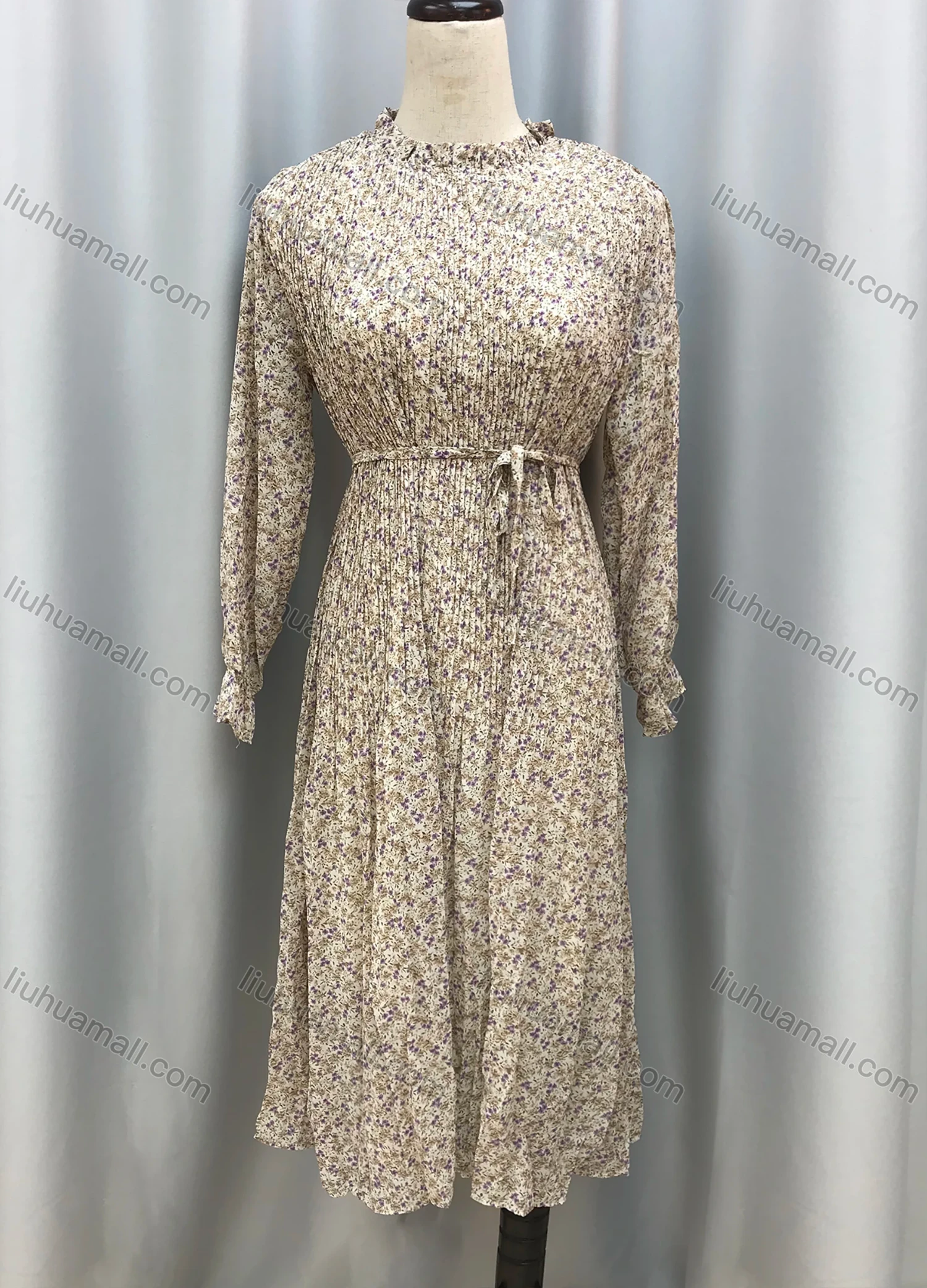 Wholesale Women's Casual Floral Print Shirred Long Sleeve Tie Front Maxi Dress - Liuhuamall