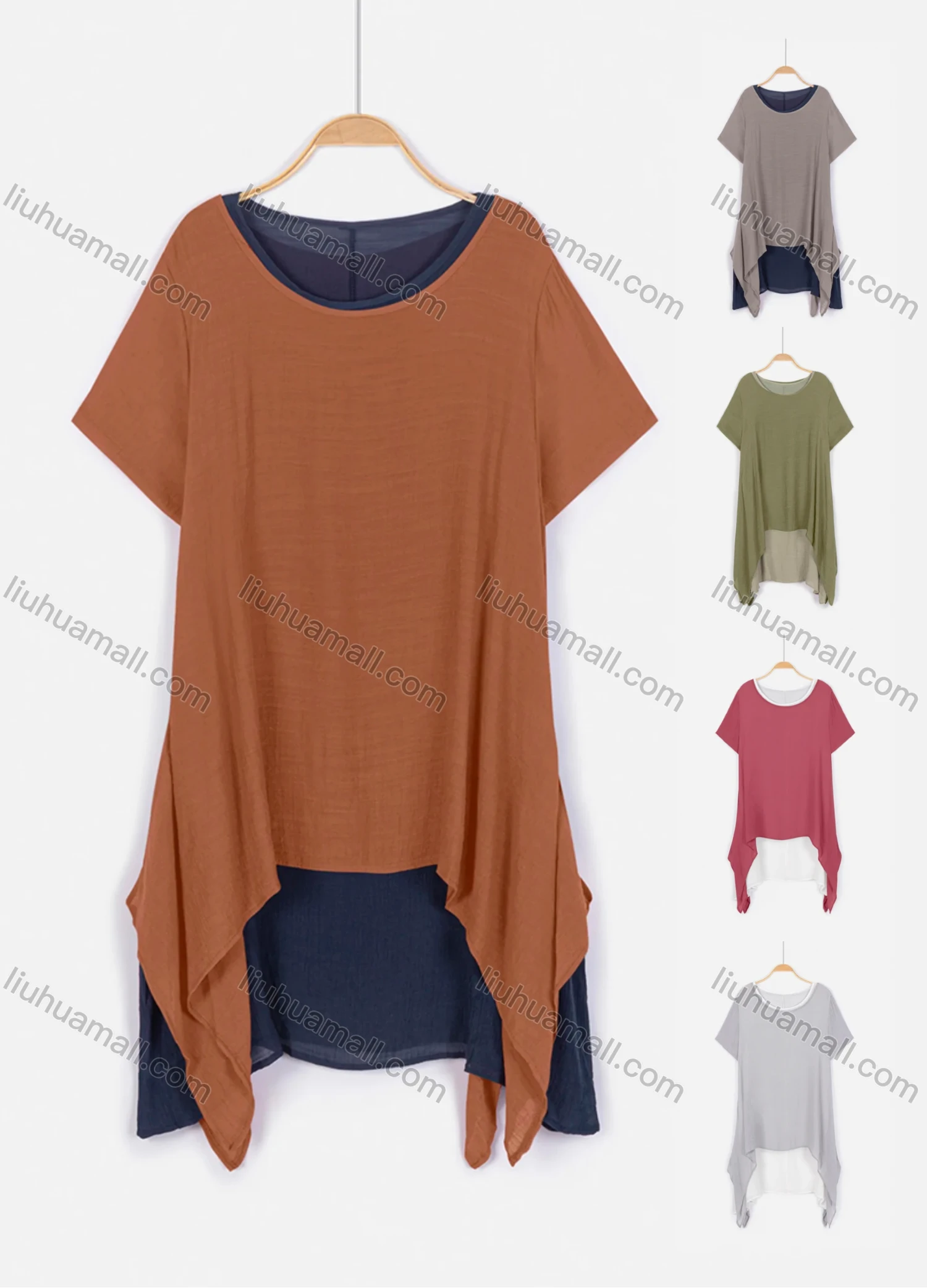 Wholesale Women's Short Sleeve Fake Two Piece Plain Casual Tunic - Liuhuamall