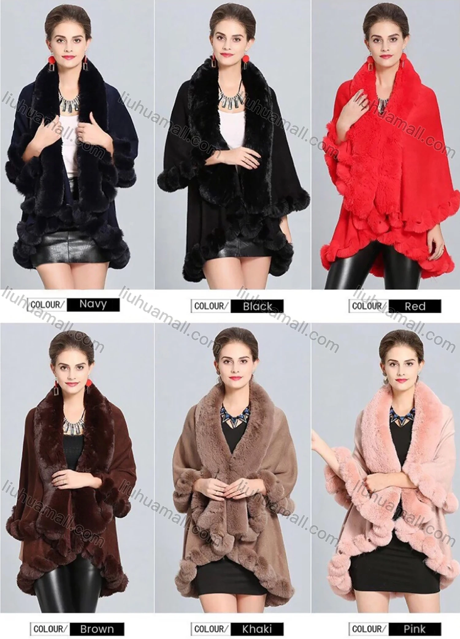 Wholesale Women's Open Front Cashmere Double Layer Faux Fur Shawl - Liuhuamall