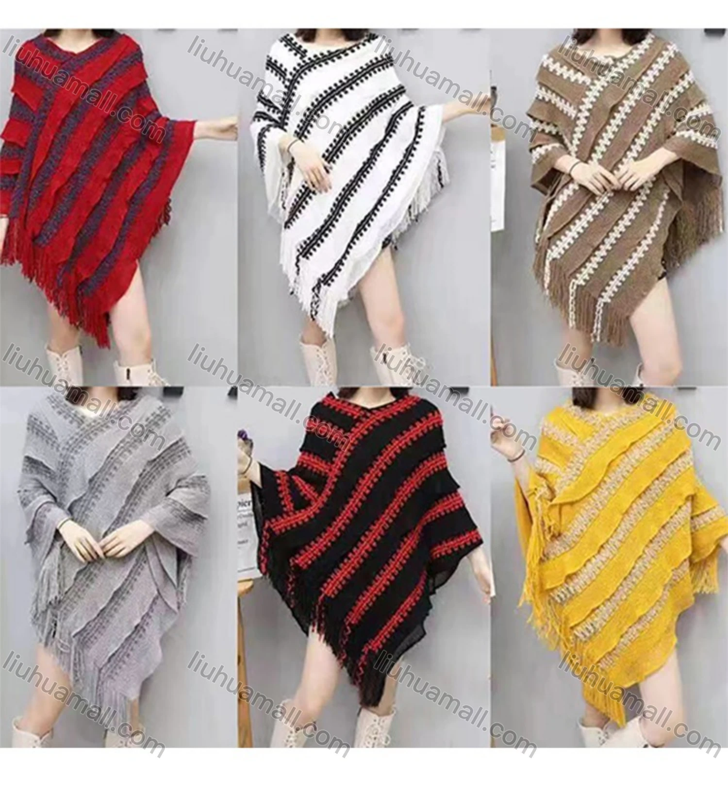 Wholesale Women's Vintage Flounce Striped Print Tassel Trim Cape - Liuhuamall