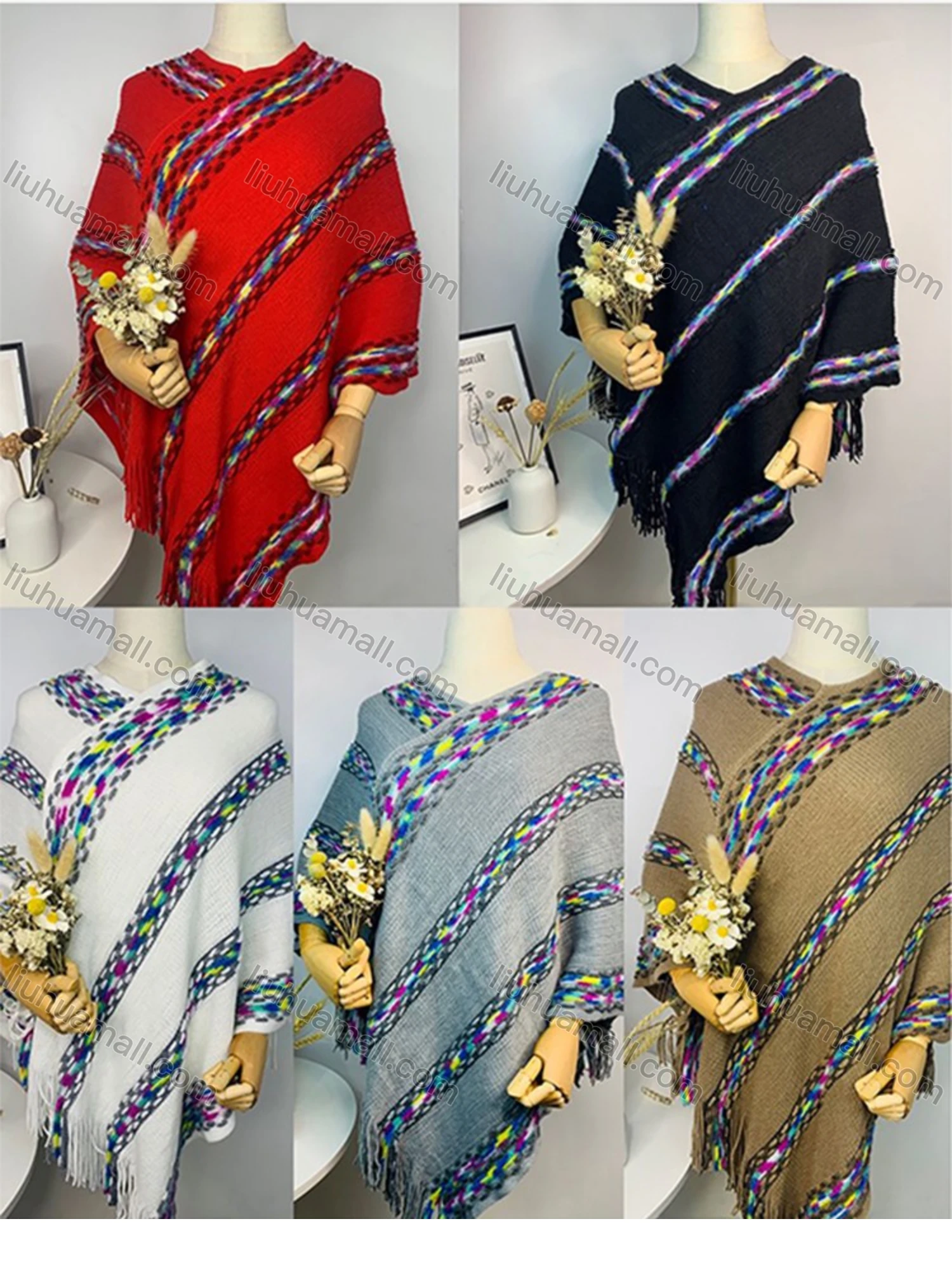 Wholesale Women's Casual Striped Stitching Folkloric Print Tassel Trim Cape - Liuhuamall