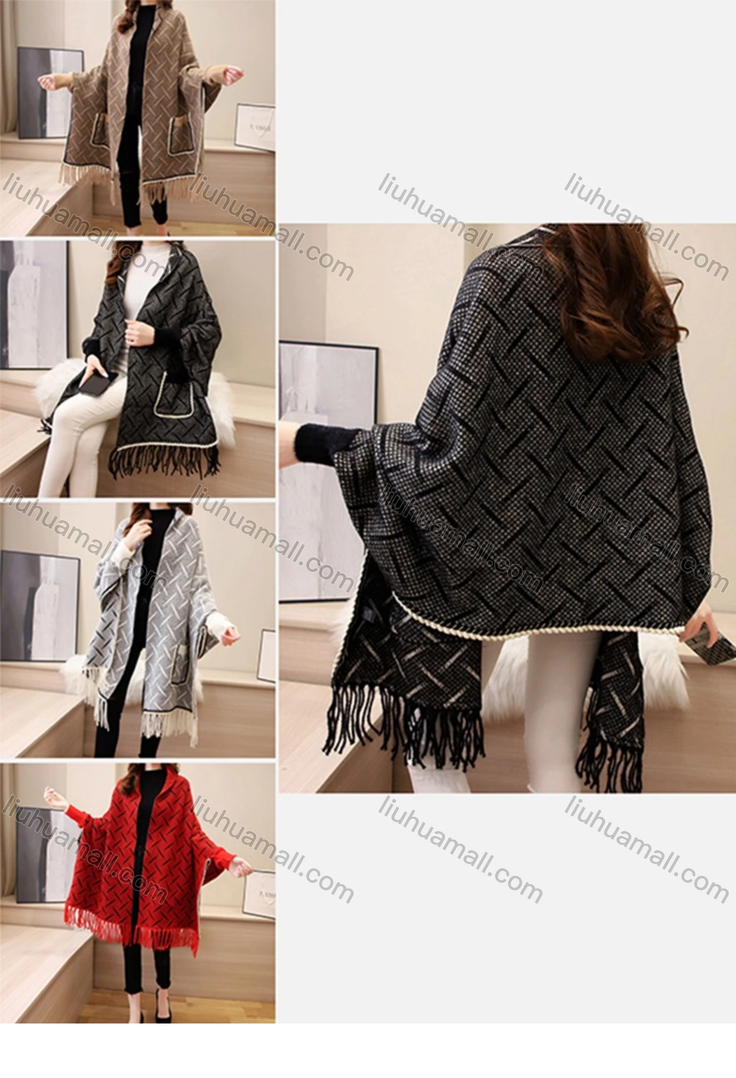 Wholesale Women's Casual Geometric Weave Print Scarf Hem Pocket Cover Up Cardigan - Liuhuamall