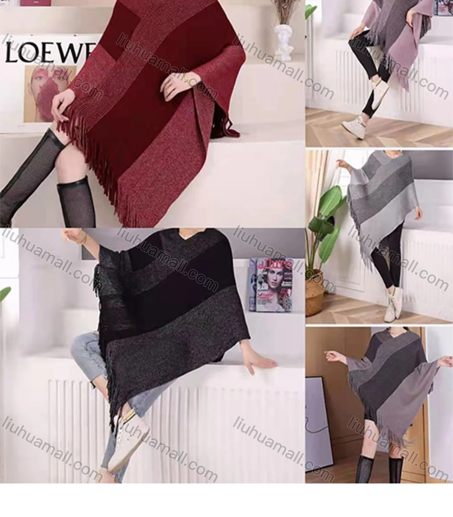 Wholesale Women's Fashion Colorblock Print Scarf Hem Cape - Liuhuamall