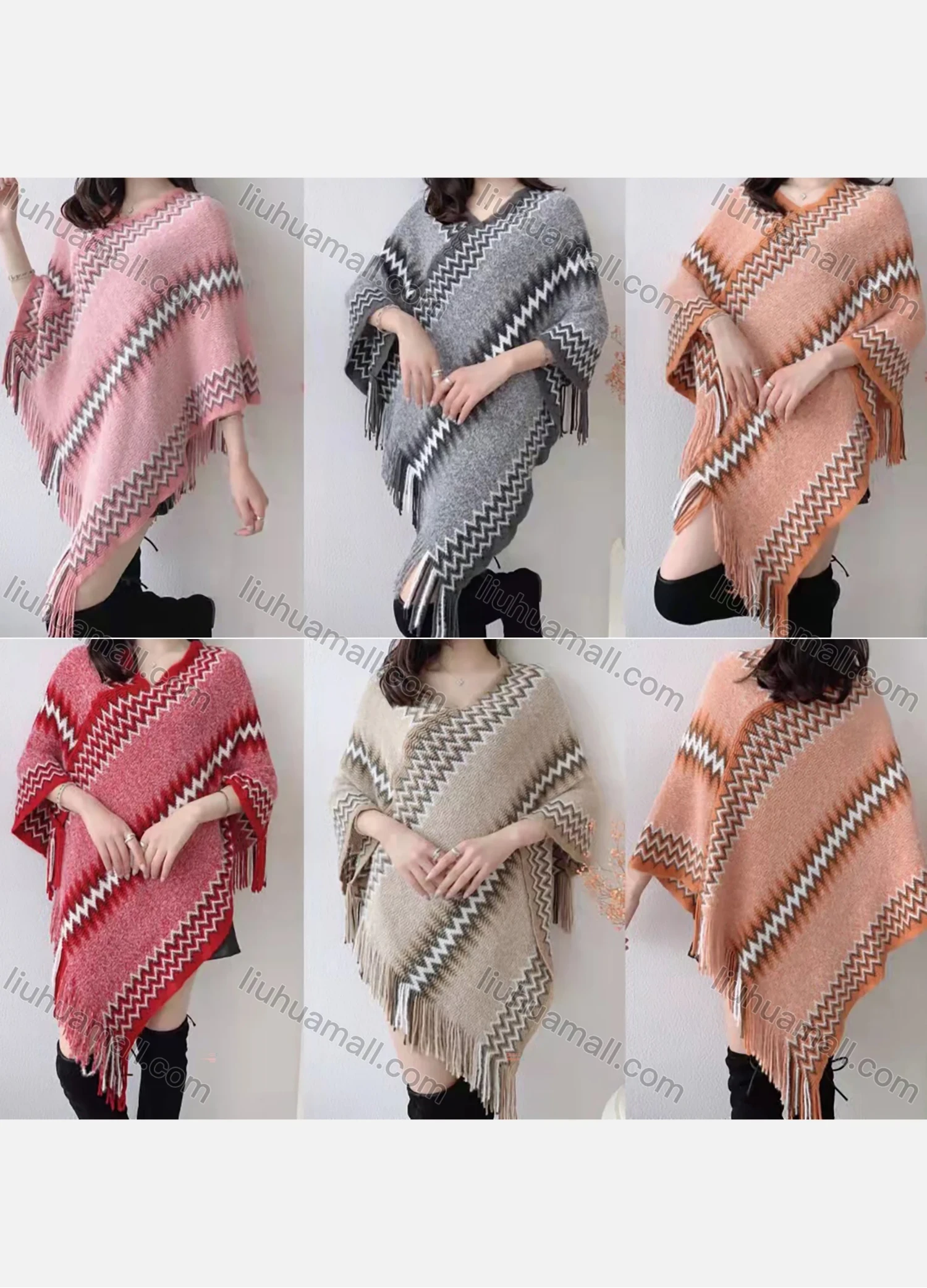 Wholesale Women's Casual Folkloric Striped Scarf Hem Cape - Liuhuamall