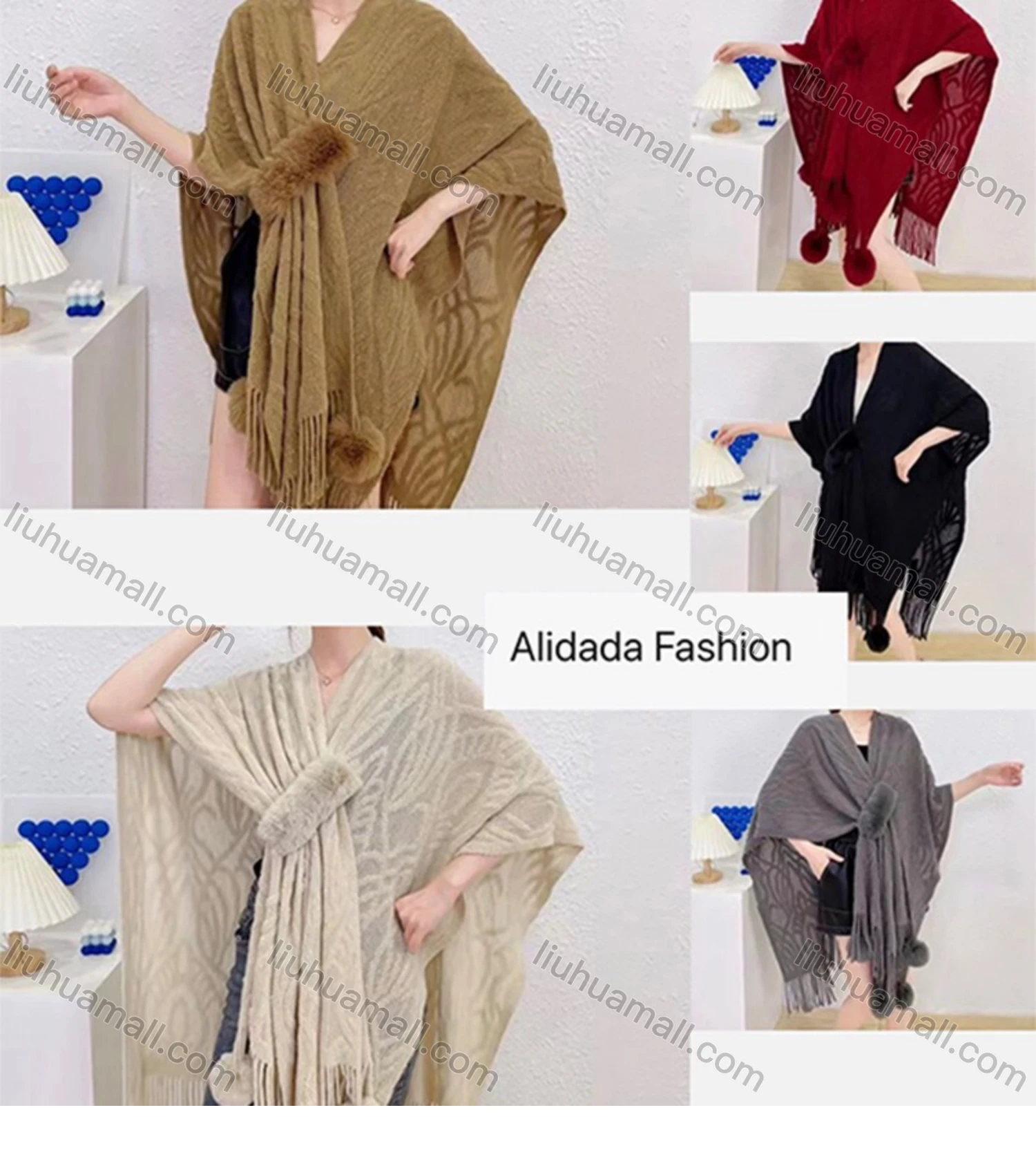 Wholesale Women's Casual Pompom Tie Tassel Trim Shawl - Liuhuamall