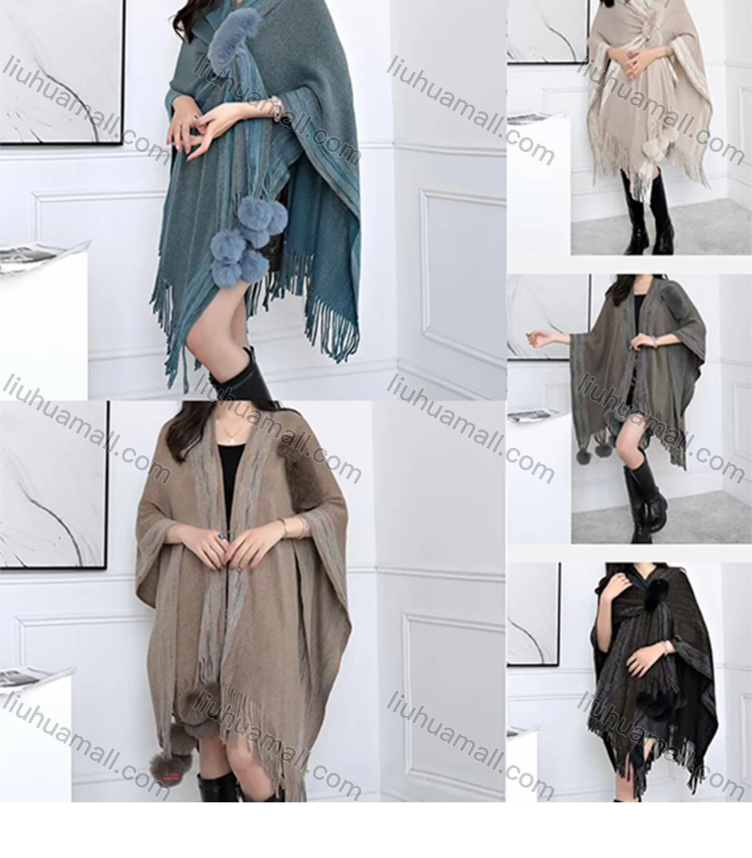 Wholesale Women's Casual Open Front Side Pompom Tie Scarf Hem Plain Shawl - Liuhuamall