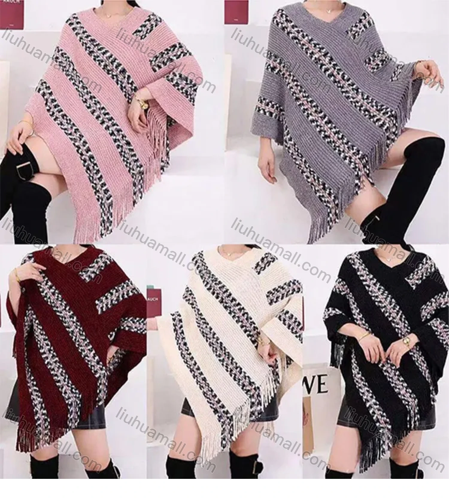 Wholesale Women's Elegant Striped Splicing Poncho Tassel Hem Cape - Liuhuamall