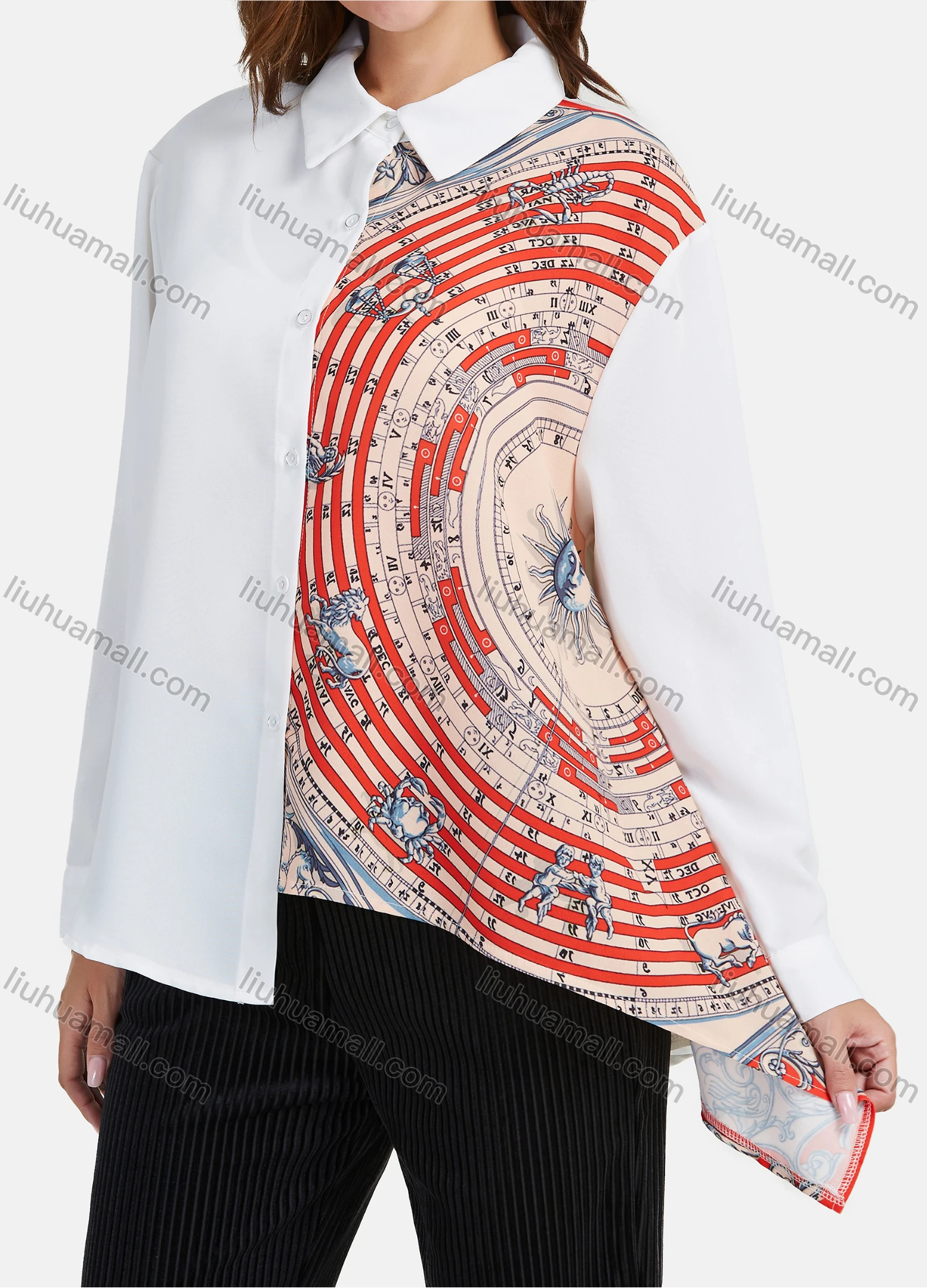 Wholesale Women's Fashion Splicing Print Long Sleeve Button Down Asymmetrical Hem Shirt - Liuhuamall