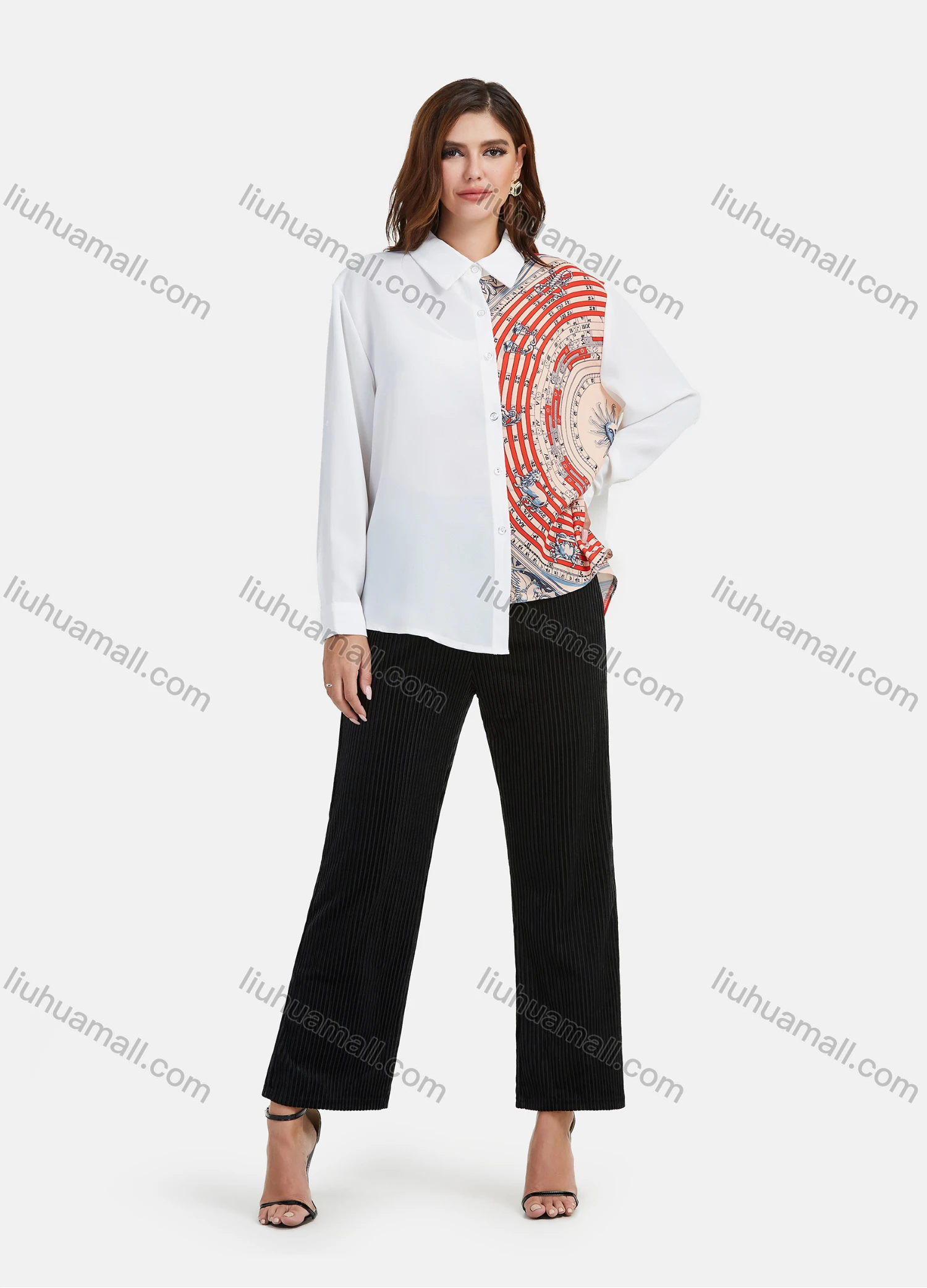 Wholesale Women's Fashion Splicing Print Long Sleeve Button Down Asymmetrical Hem Shirt - Liuhuamall