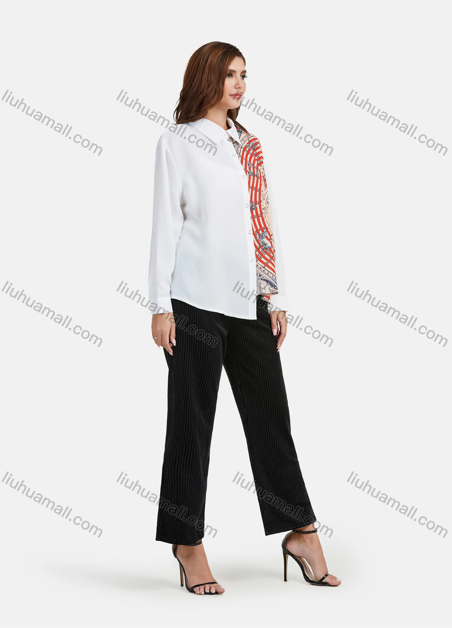 Wholesale Women's Fashion Splicing Print Long Sleeve Button Down Asymmetrical Hem Shirt - Liuhuamall