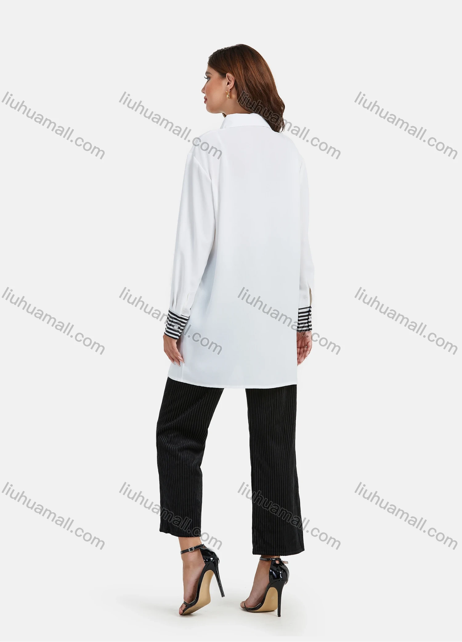 Wholesale Women's Fashion Long Sleeve Tunic Geo Striped Splicing Button Down Shirt - Liuhuamall