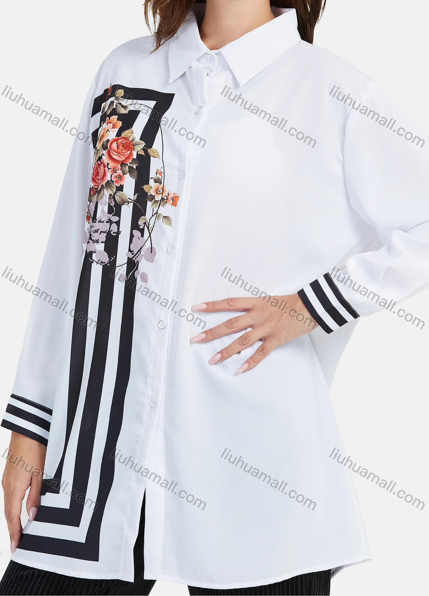 Wholesale Women's Fashion Floral & Geo Striped Print Splicing Tunic Button Down Long Sleeve Shirt - Liuhuamall