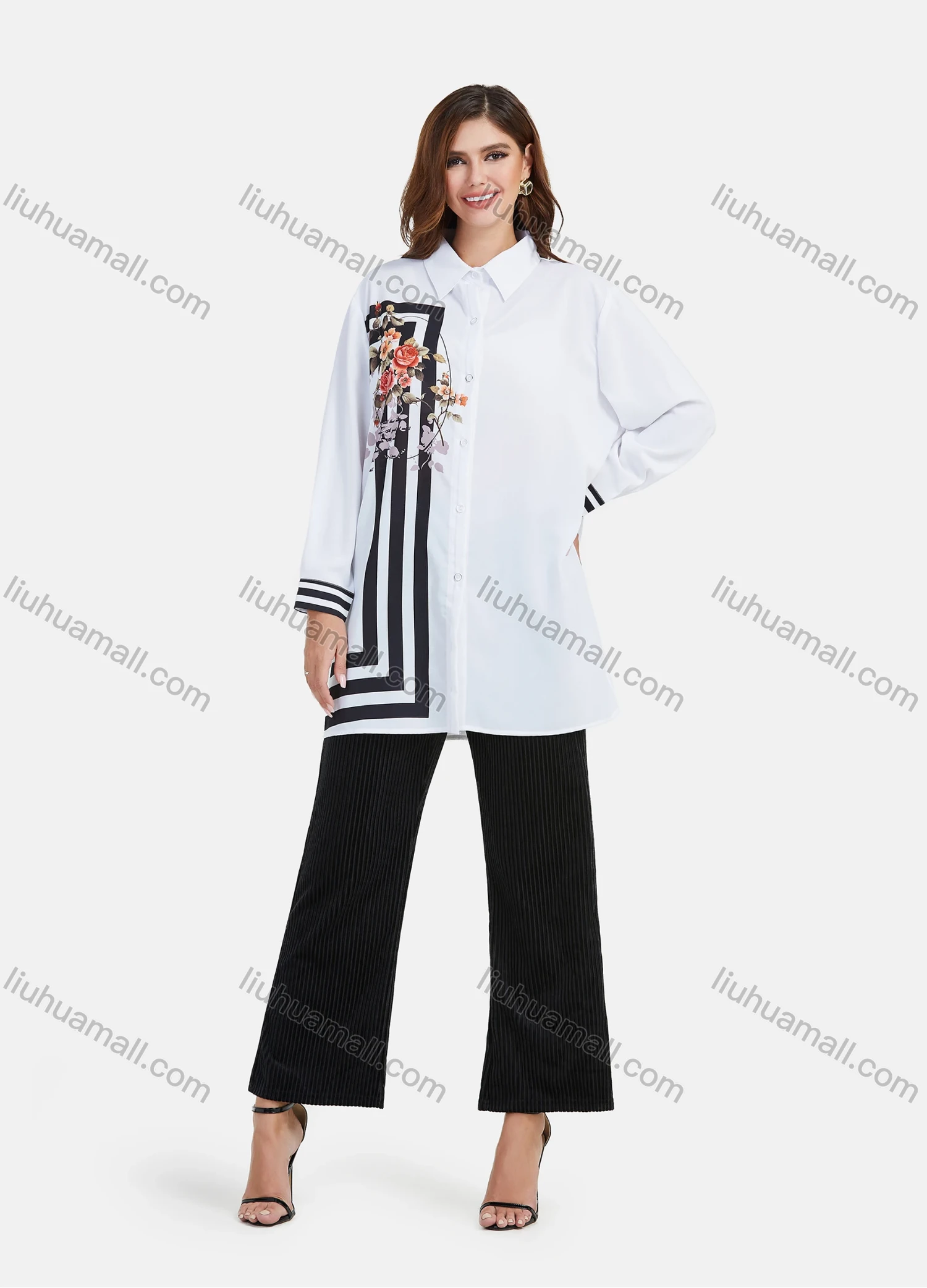 Wholesale Women's Fashion Floral & Geo Striped Print Splicing Tunic Button Down Long Sleeve Shirt - Liuhuamall