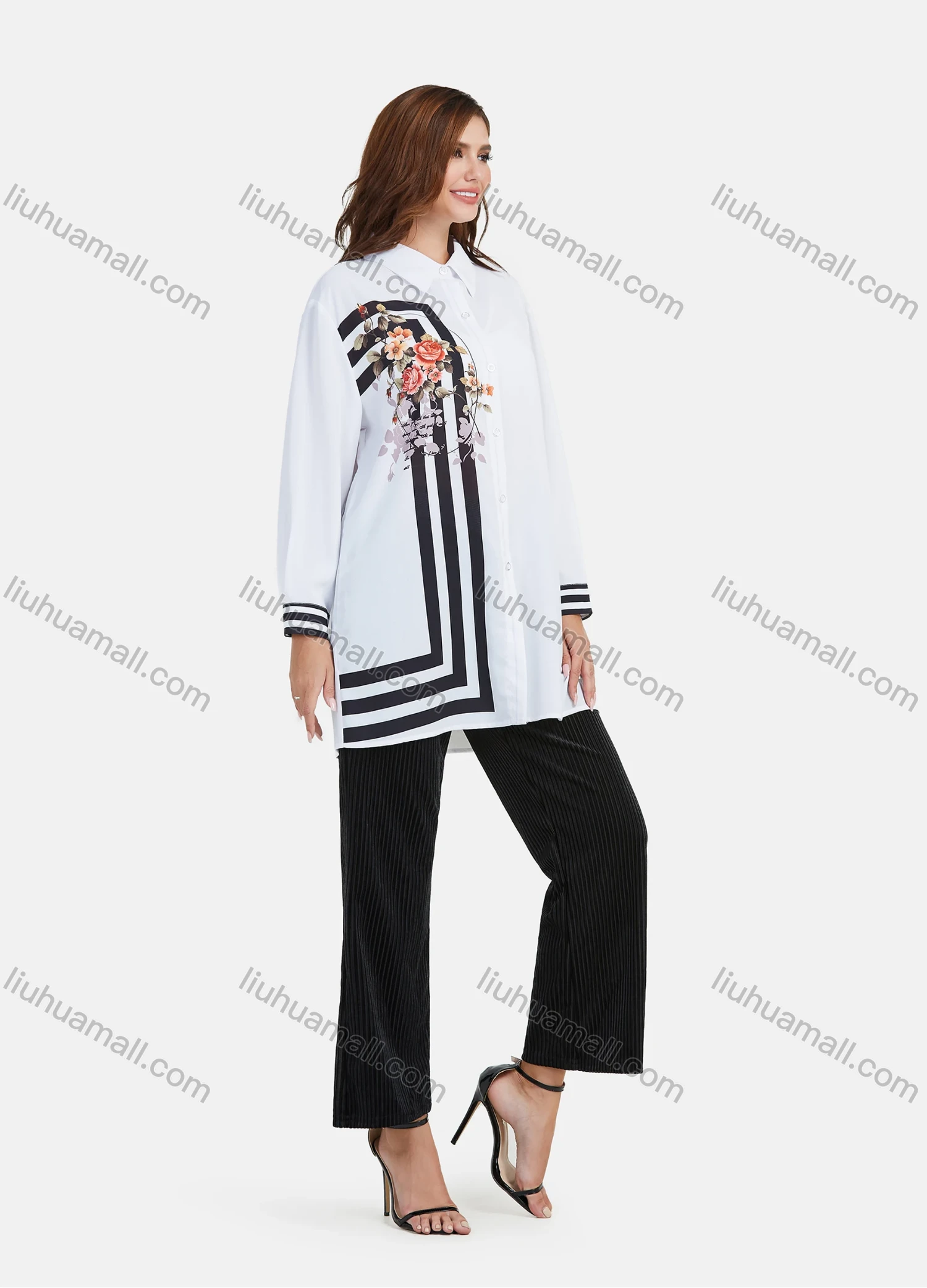 Wholesale Women's Fashion Floral & Geo Striped Print Splicing Tunic Button Down Long Sleeve Shirt - Liuhuamall